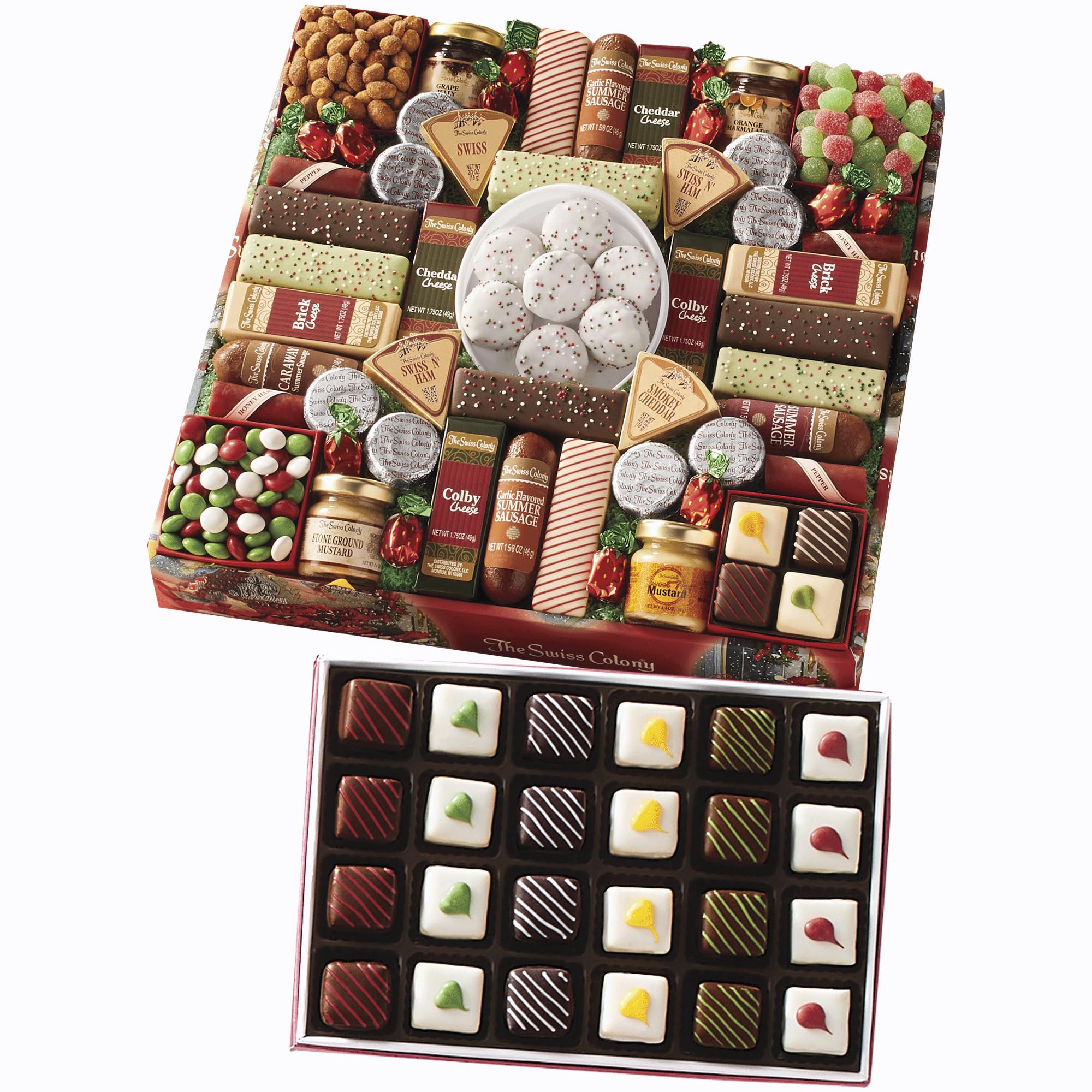 The Swiss Colony 43 Season Pleasers and Petits Fours Gift Bundle - Assorted Cheeses, Chocolates, Candies, and Summer Sausage Meats, Gourmet Chocolate and Swiss Creme Mini Layer Cakes