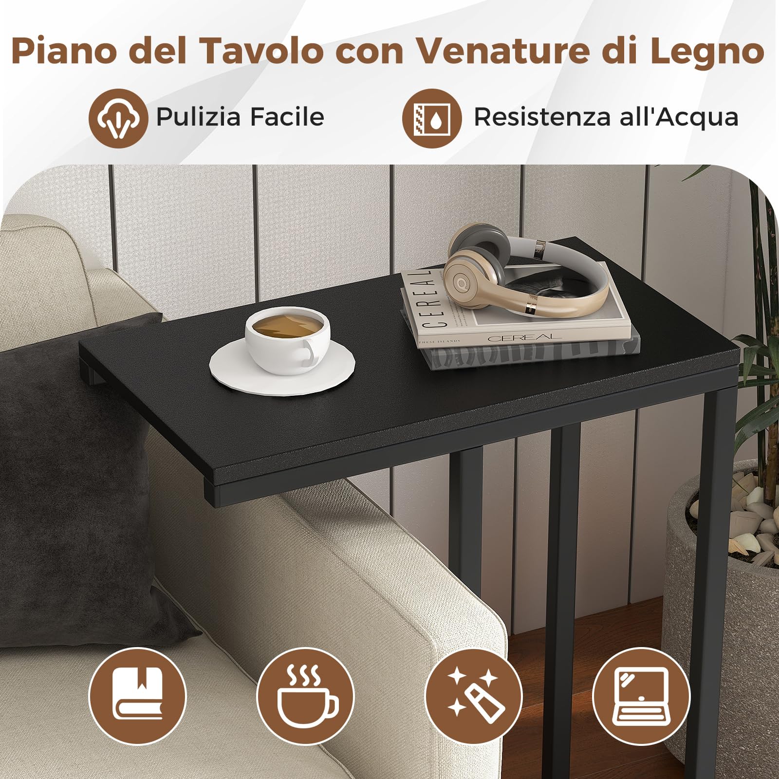COSTWAY Tavolino a Forma di C per Divano e Letto, Tavolino Basso con Struttura in Metallo, Tavolino da Salotto e Camera da Letto, 45,5 x 25,5 x 64 cm (Nero)