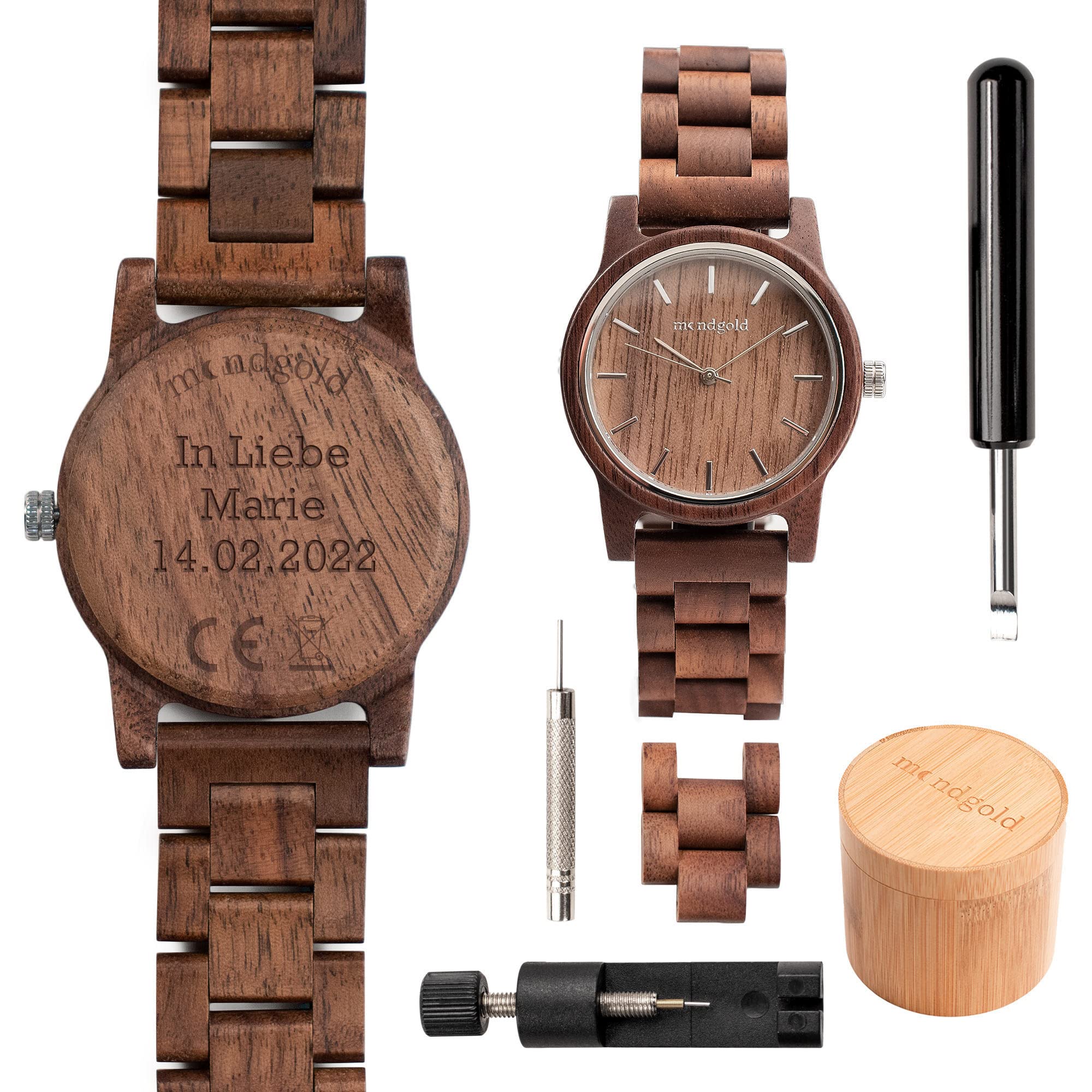 Reloj de madera analógico de cuarzo con caja de almacenamiento