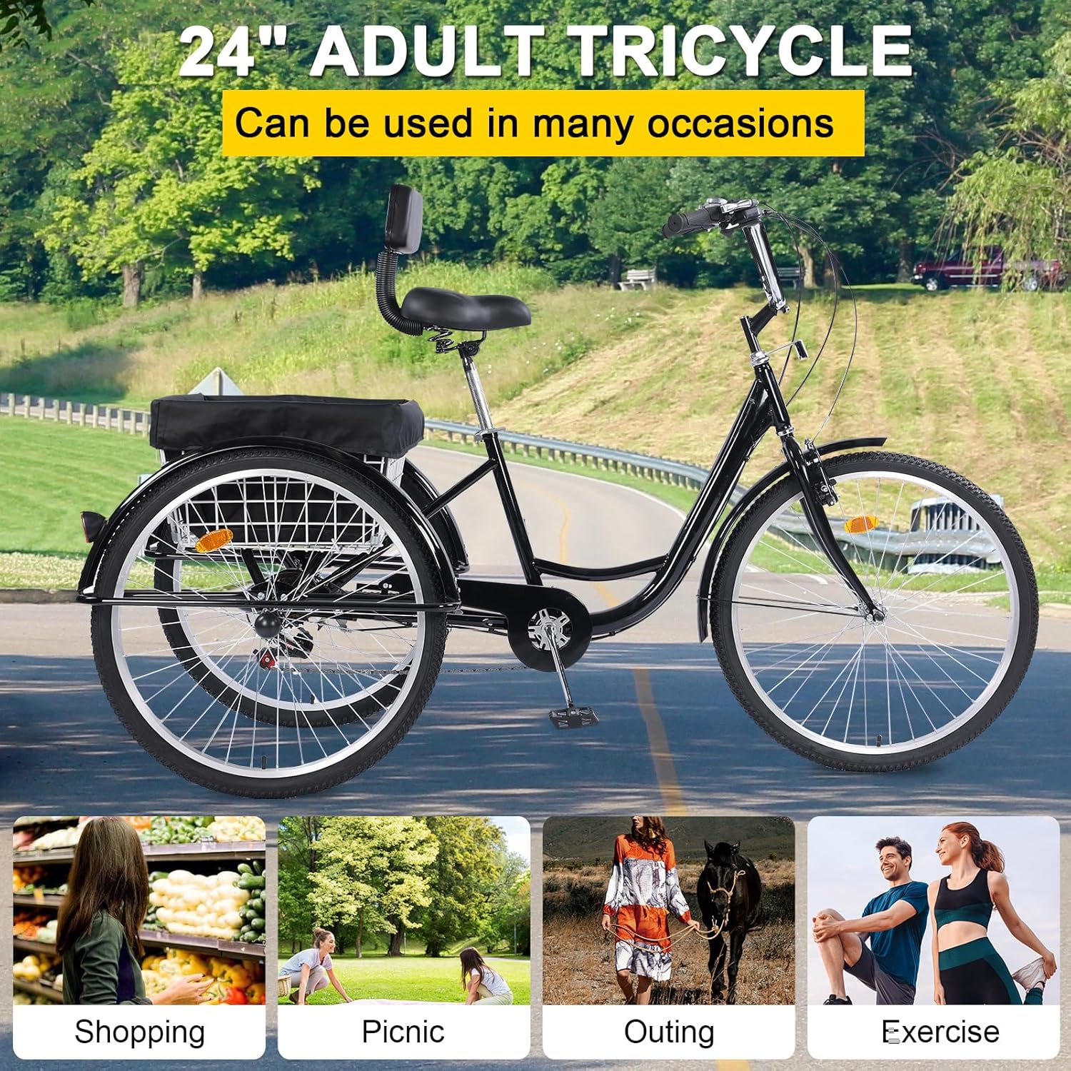 Adult Tricycles, 7 Speed Adult Trikes 24 inch 3 Wheel Bikes, Cruise Bike with Basket for Seniors, Women, Men for Recreation, Shopping, Exercise, Multiple Colors