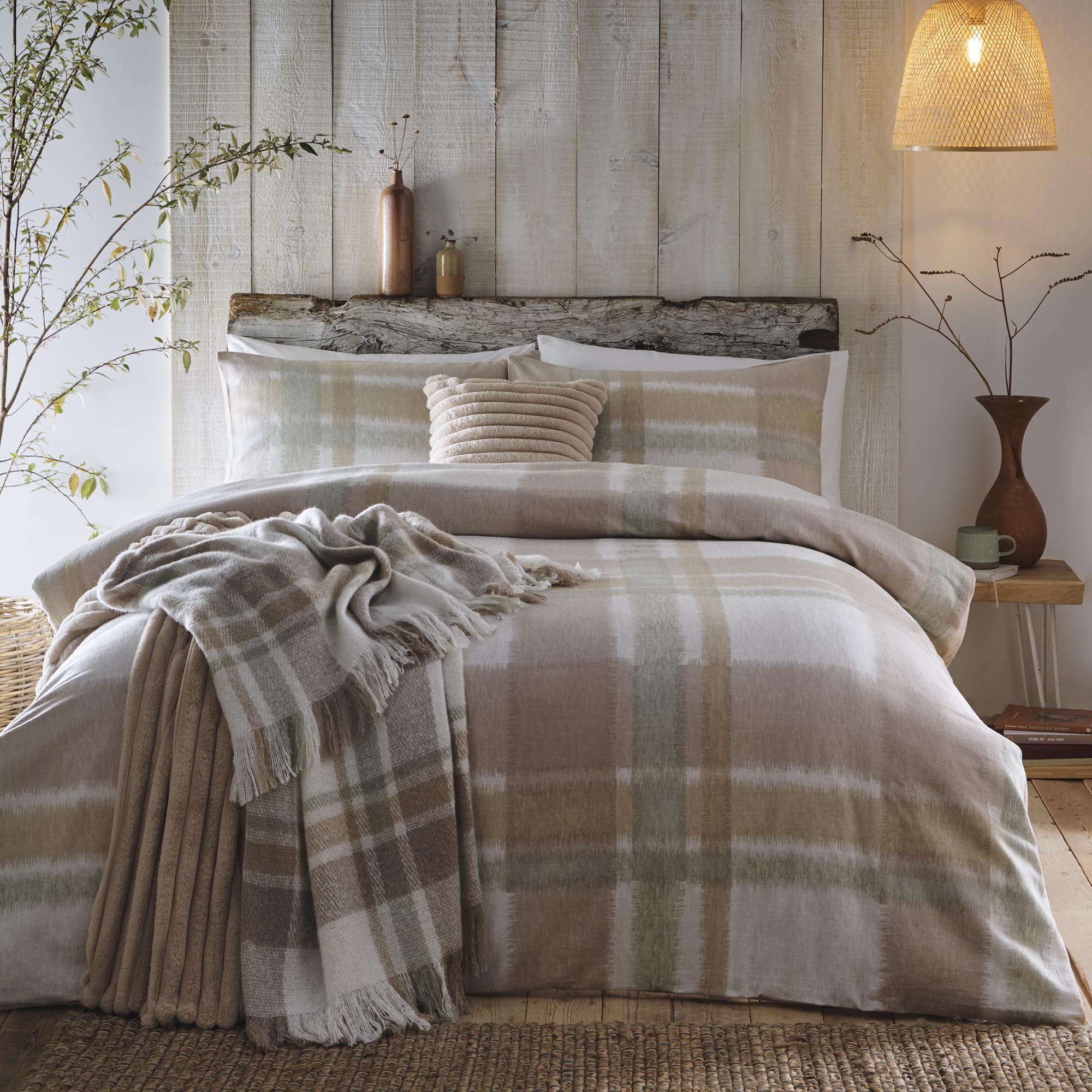 UW Home Appletree Biber-Bettwäsche-Set für Einzelbett, 140 x 200 cm, superweich, 100% gebürstete Baumwolle, Hellbraun und Grün, Schottenkaro- Bettwäsche, Kariertes Bettwäsche-Set Küche, Haushalt & Wohnen