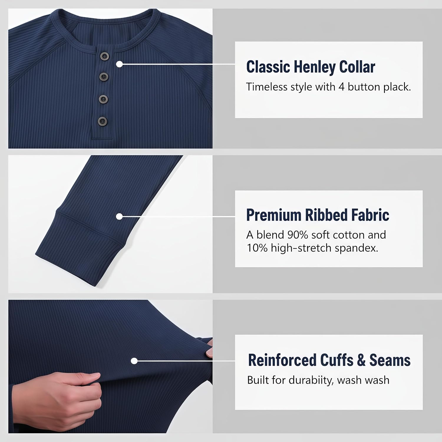 TrailTech Men's Thermal Henley Long Sleeve Ribbed Knit Base Layer, Warm Fleece Lined Slim Fit Undershirt with Laundry Bag