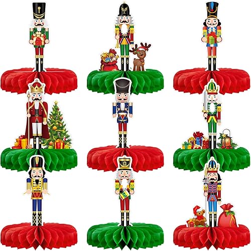 9 piezas de centro de mesa de nido de abeja de Navidad, cascanueces de Navidad, soldado de nido de abeja, centros de mesa de nido de abeja de