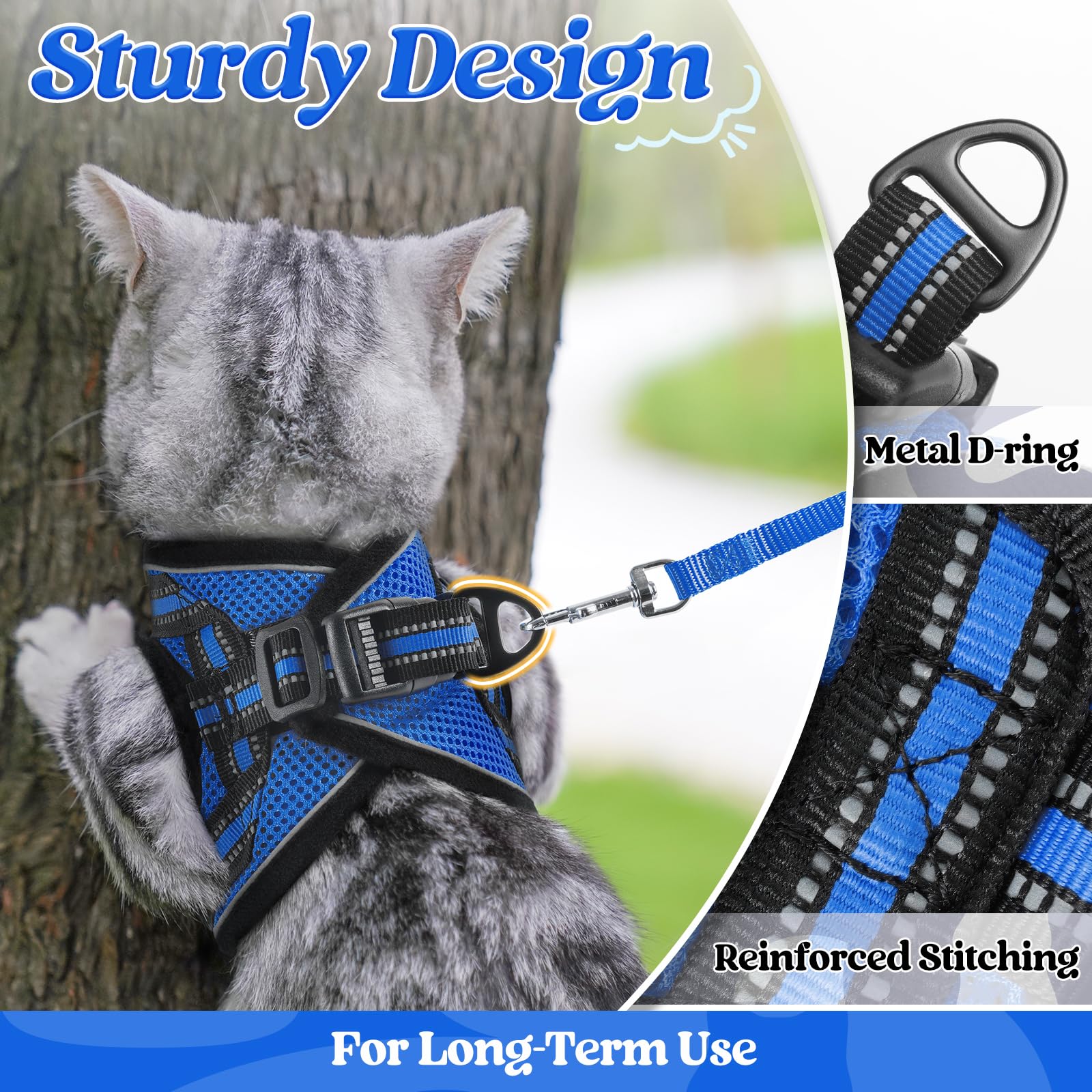 rabbitgoo Pettorina Gatto Antifuga, Guinzaglio Gatti Regolabile, Imbracatura Ultra-Leggero Morbido Riflettente per Cucciolo, Gattini e Gatto Piccolo, Pettorina per Passeggio e Corsa, M, Blu