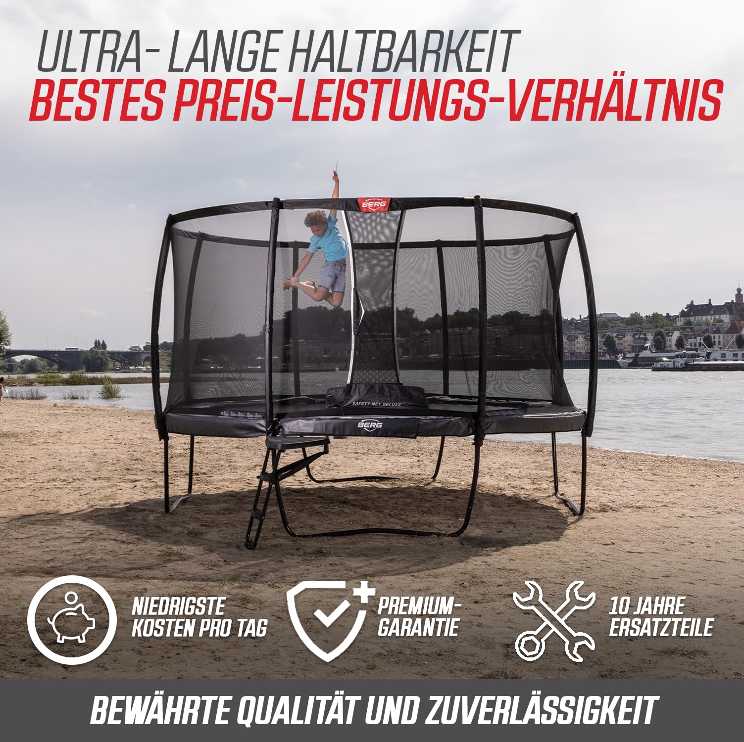 BERG Grand Champion Regular Trampolin oval grau | Gartentrampolin mit Sicherheitsnetz Deluxe | Airflow Pro Sprungtuch und TwinSpring Federn | für Kinder und Erwachsene geeignet
