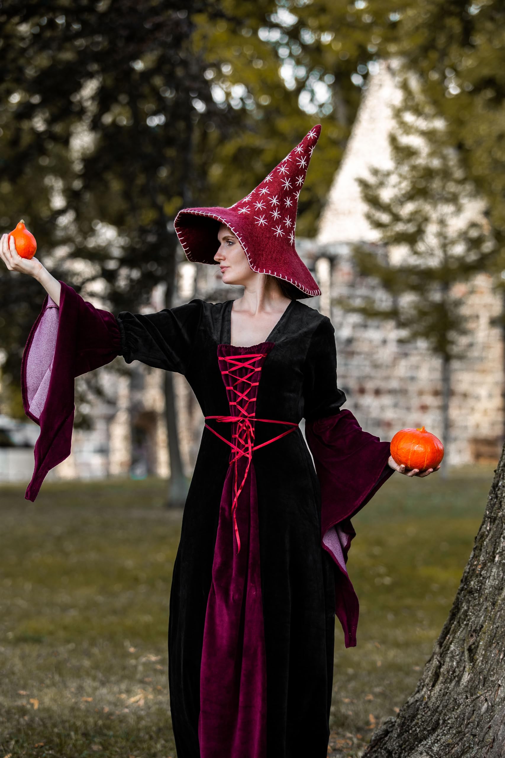 Leonardo Carbone® Hexenhut Star - Hexenkostüm, Mittelalter Kleidung Kopfbedeckung, Halloween Kostüm Damen, Witcher Hat, Zauberer Hut, LARP-Kleidung, Karneval, Cosplay - 100% Wolle