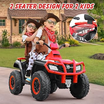 ELEMARA 24V 2 Seater Ride on ATV for Big Kids,Electric 4 Wheeler Kid Quad,Kids ATV Ride on 4 Wheeler with Total 400W Motors, 5mph Max Speed, LED Headlights, Music,Ride On Toys for Big Children, Red
