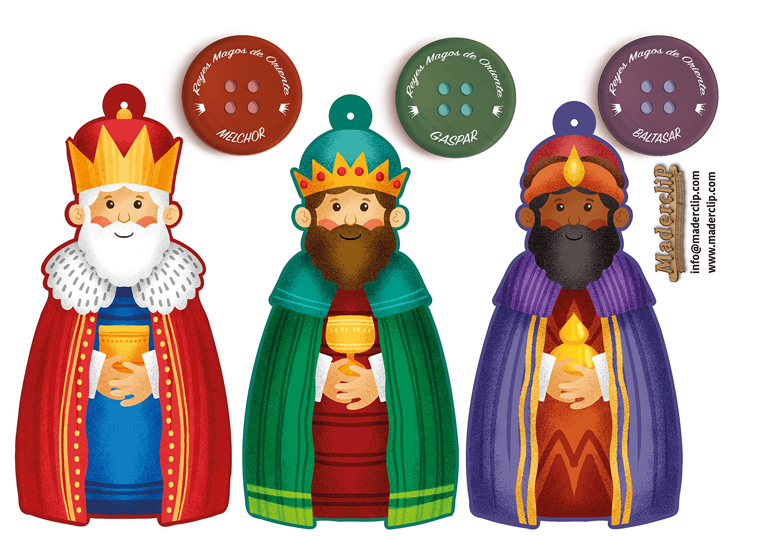 Reyes Magos y Botones en Madera (Decoración de Navidad)