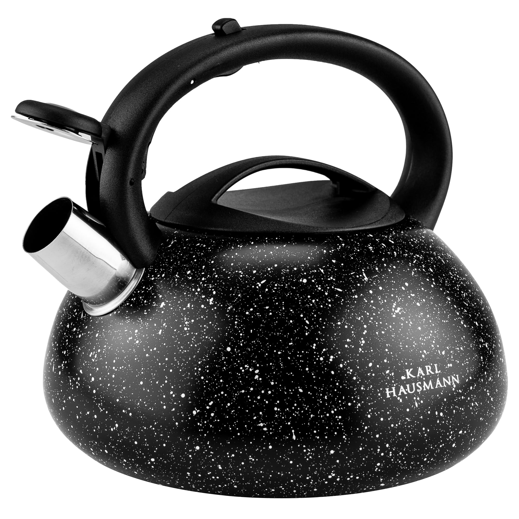 KARL HAUSMANN Wasserkessel Induktion 3L - Schwarz Marmor Teekessel mit Pfeifton - Edelstahl Wasserkocher für Induktionsherd, Gasherd und Elektroherd - Pfeifkessel Küche – Flötenkessel