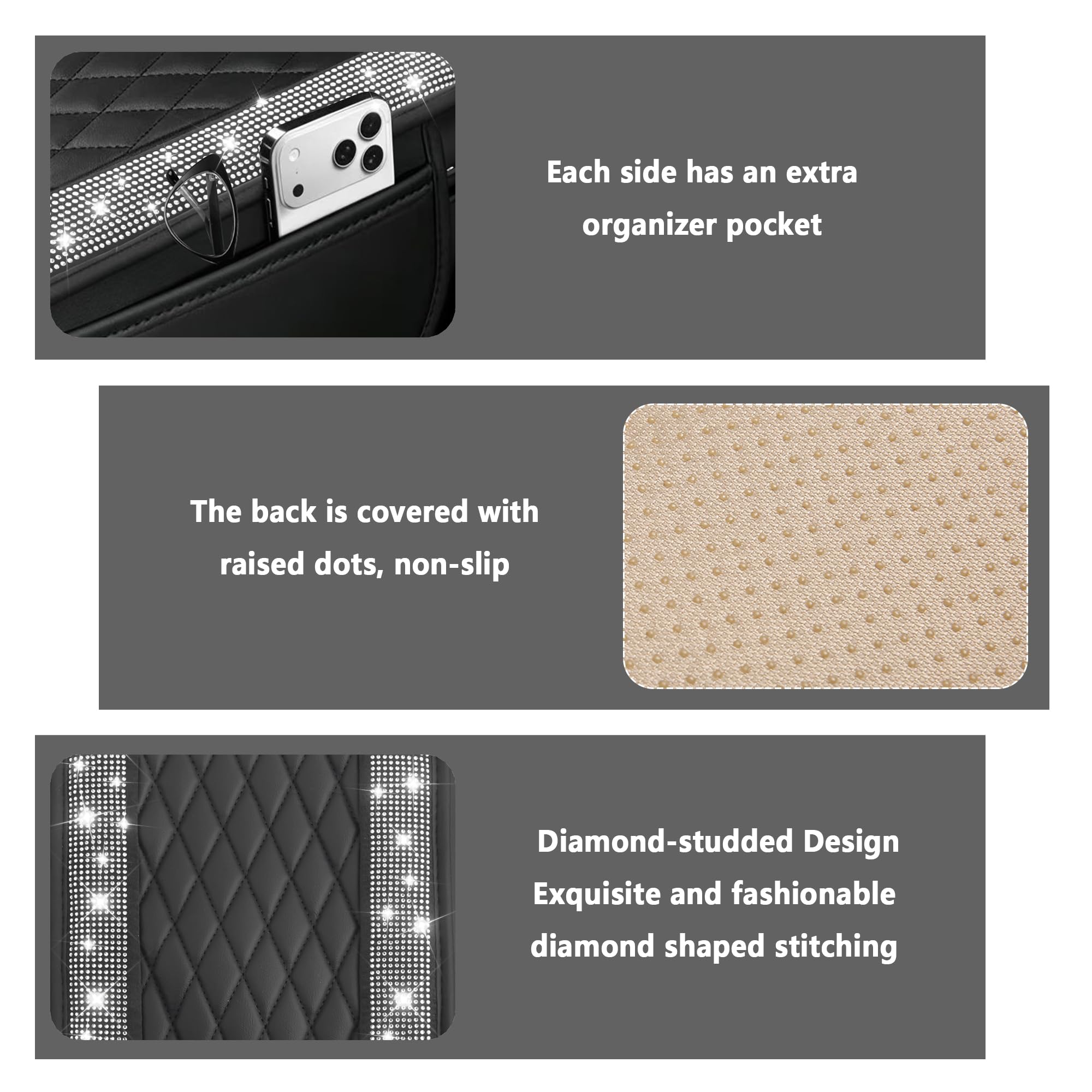 Stacool Upgraded Car Center Console Cover with Rhinestones,Microfiber Leather Car Armrest Cover Cushion with 2 Storage Bags,Universal Cars Armrest Storage Box as Cars Interior Accessories view 3