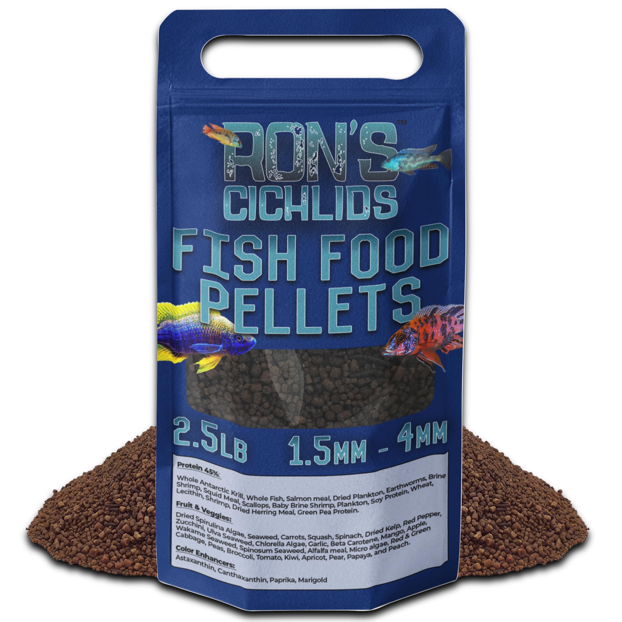 RON'S CICHLIDS Fish Food Pellets - USA Made Slow Sinking Pellets & Sticks Feed, Low Fillers, Koi, Pond, Goldfish, Tetra, Pleco, Oscar, Angelfish & Tropical Aquarium Fish, 1.5-4mm, Adult Blend 2.5 LB