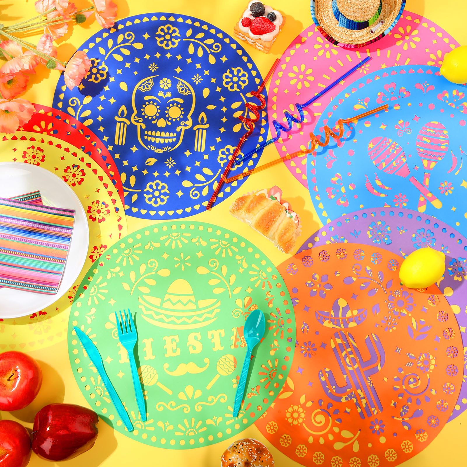 Havawish 104 manteles individuales de papel de fiesta de 13 pulgadas, papel picado mexicano, desechables, burro, tacos, cactus, piñata, mantel redondo para fiesta mexicana, suministros de decoración