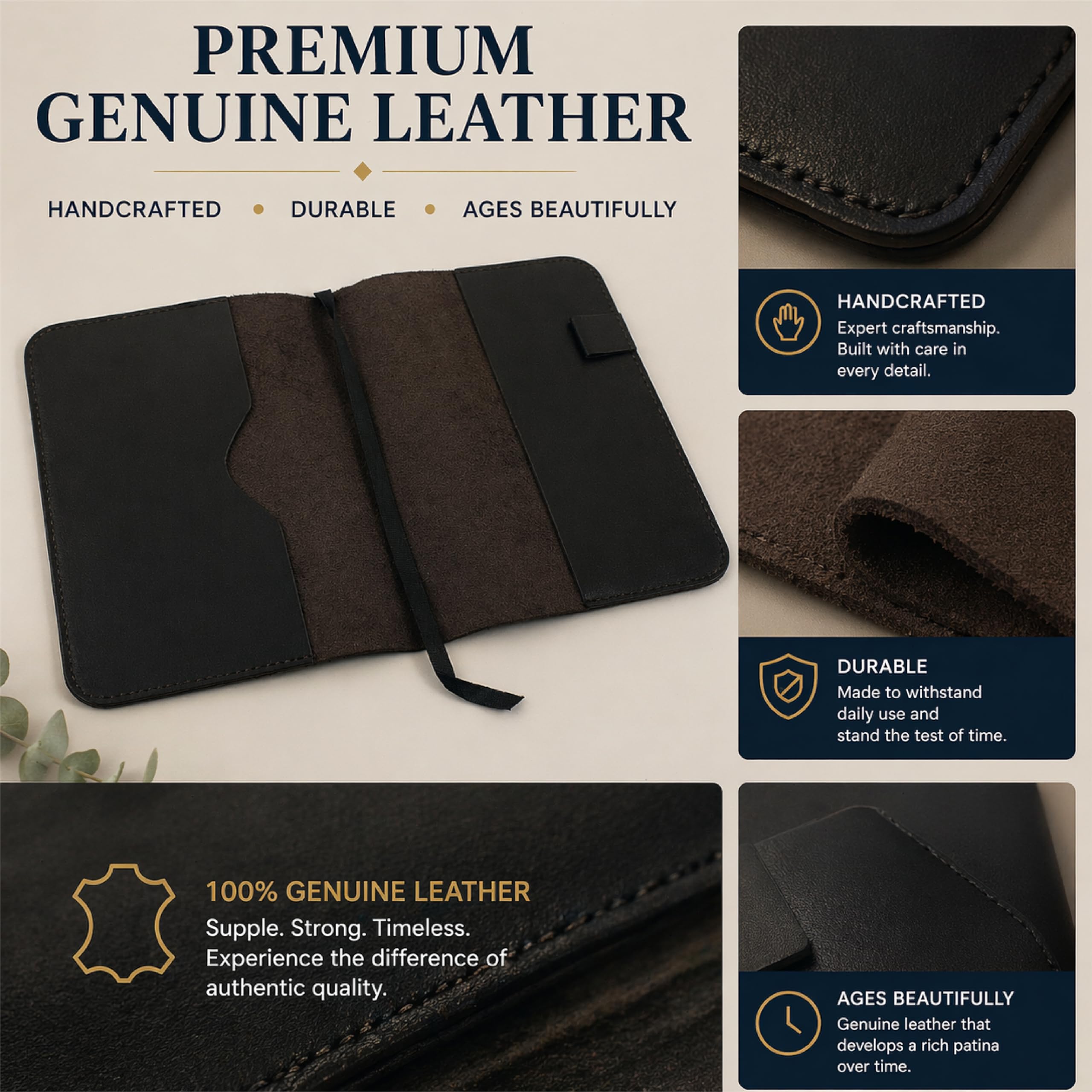 TheAntiq Premium Leather Journal Cover A5 – Handmade Refillable Notebook Sleeve with Pen Holder for Writing, Travel & Business Use, 5.7 x 8.25 - Black