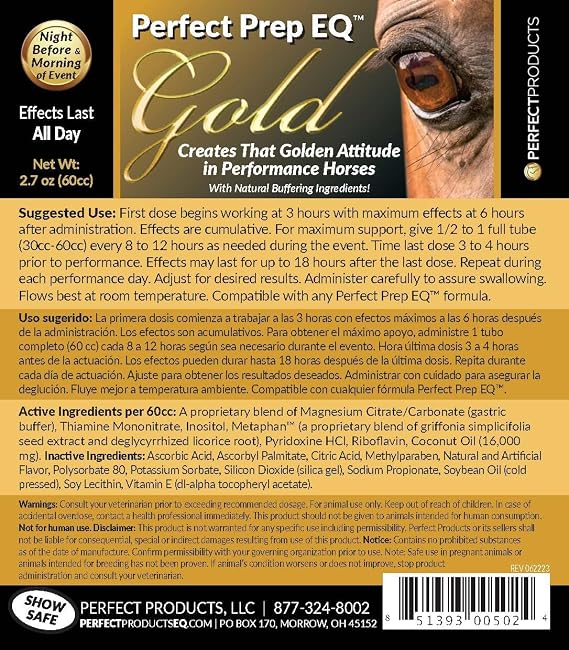 Perfect Prep EQ Gold Equine Calmer Long-Acting All Natural for Horse Anxiety, Lasts 18+ Hours, 60cc Paste