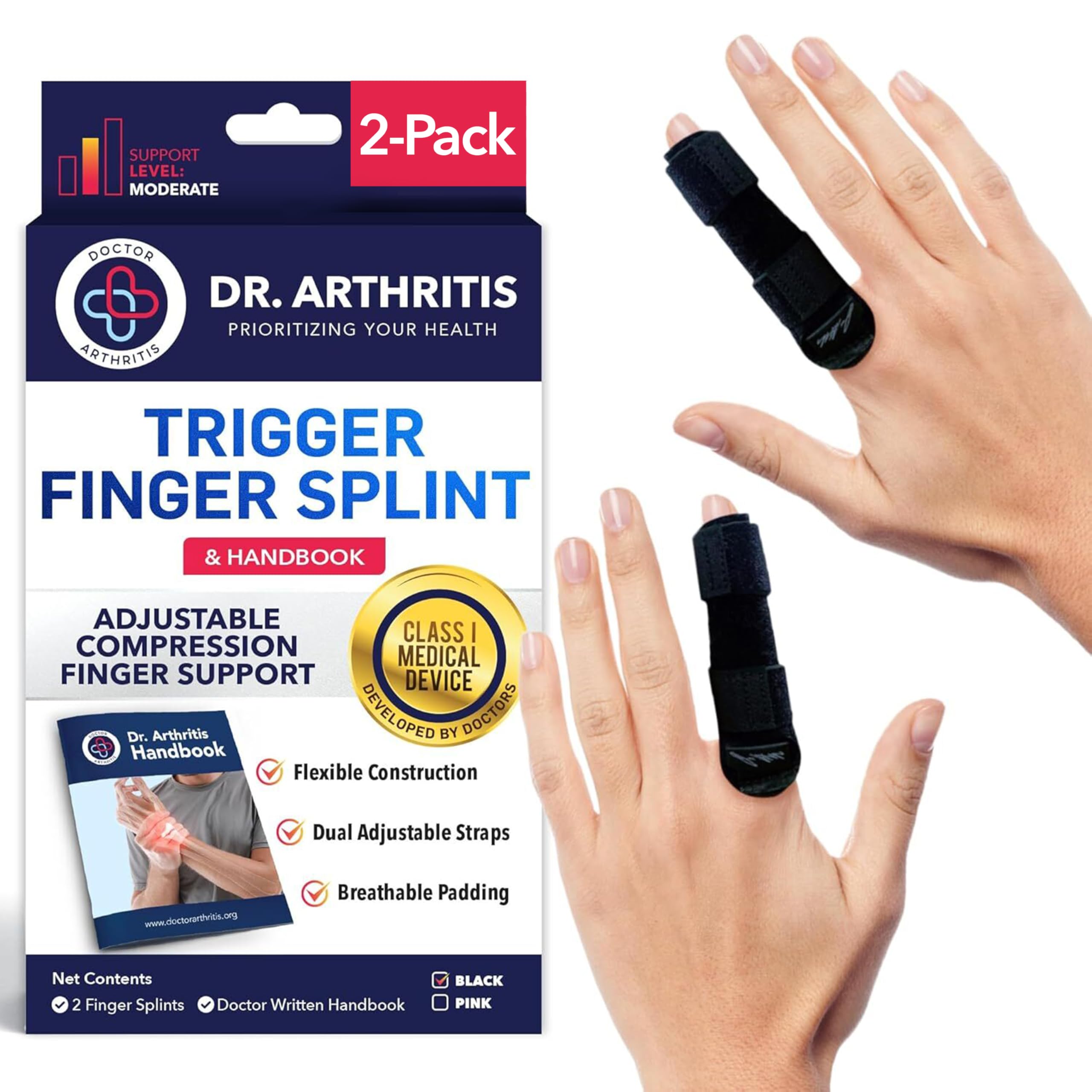 Dr. Arthritis Trigger Finger Splint, Multifunction Finger Brace Straightener for Arthritis, Sprain & Injury Support, Mallet Splint Compression that Fits Index, Middle, Ring, Pinky Joints (Black, Small)