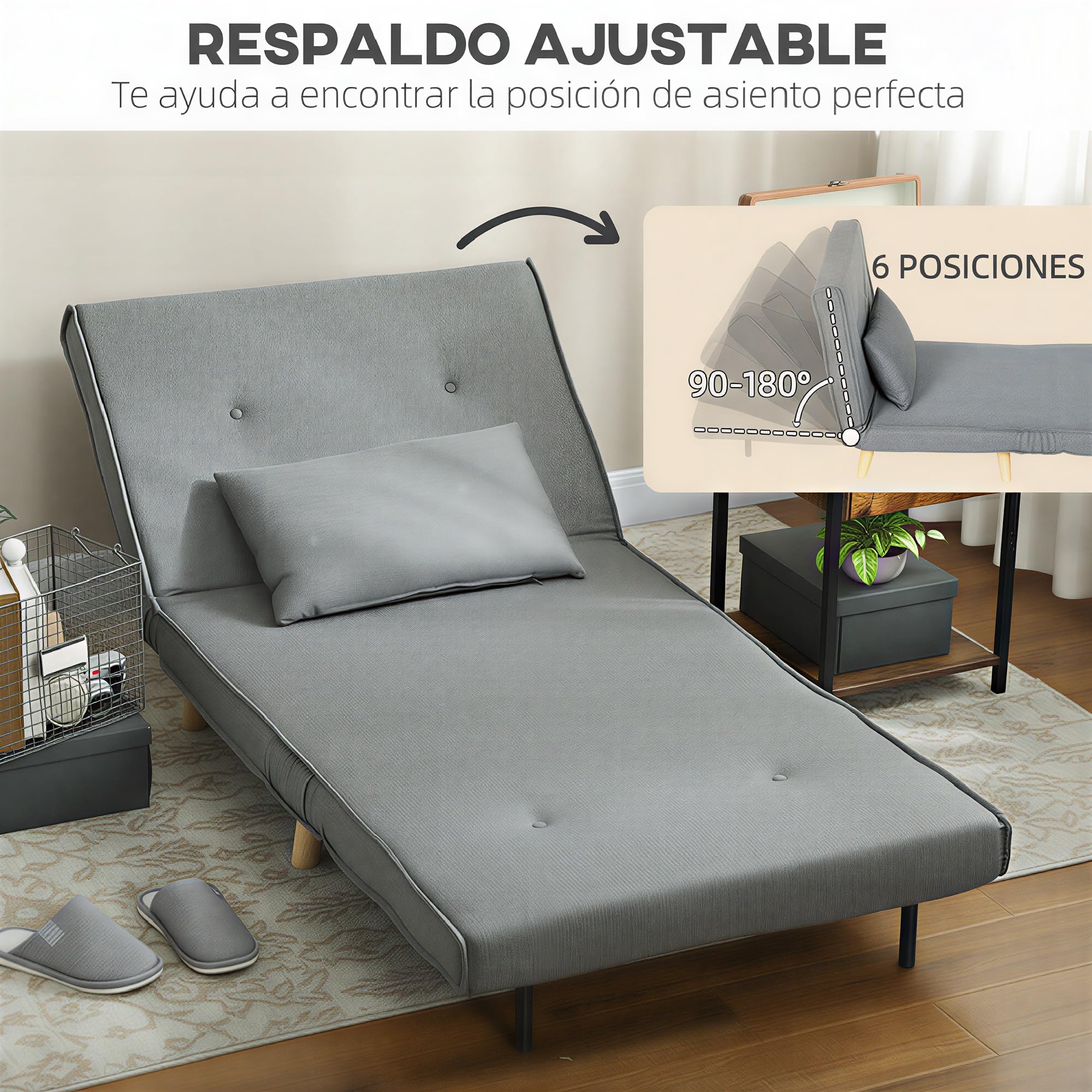 HOMCOM Sofá Cama de 1 Plaza 3 en 1, Sillón Cama Plegable Tapizado en Lino Sintético, con Respaldo Ajustable en 6 Niveles, Almohada, Asiento Ancho, Patas de Madera, 90x78x79 cm, Gris