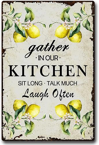 Letrero de metal vintage con texto en inglés "Gather In Our Kitchen Sit Long Talk Much Laugh Often", placa de pared para el hogar, cocina, bar,