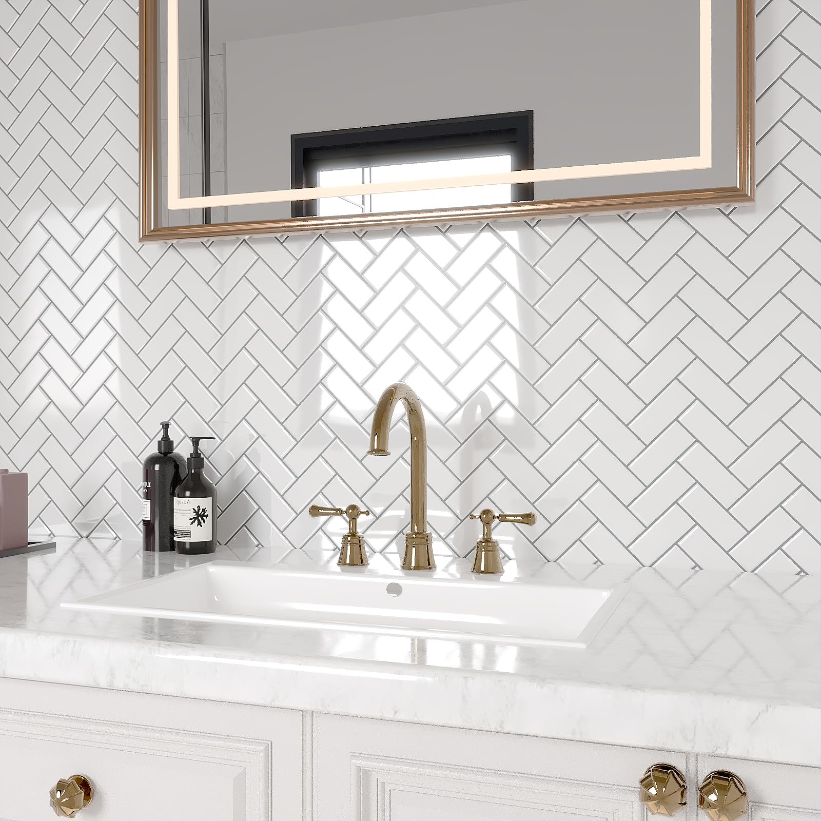 VEELIKE Azulejos Adhesivos Baño Espiga Blanco 3D Baldosas Adhesivas Pared Cocina Impermeable Vinilos Baño Azulejos Blanco Brillante Vinilo Cocina Pared Azulejo 30.5 cm × 30.5 cm 24 Piezas