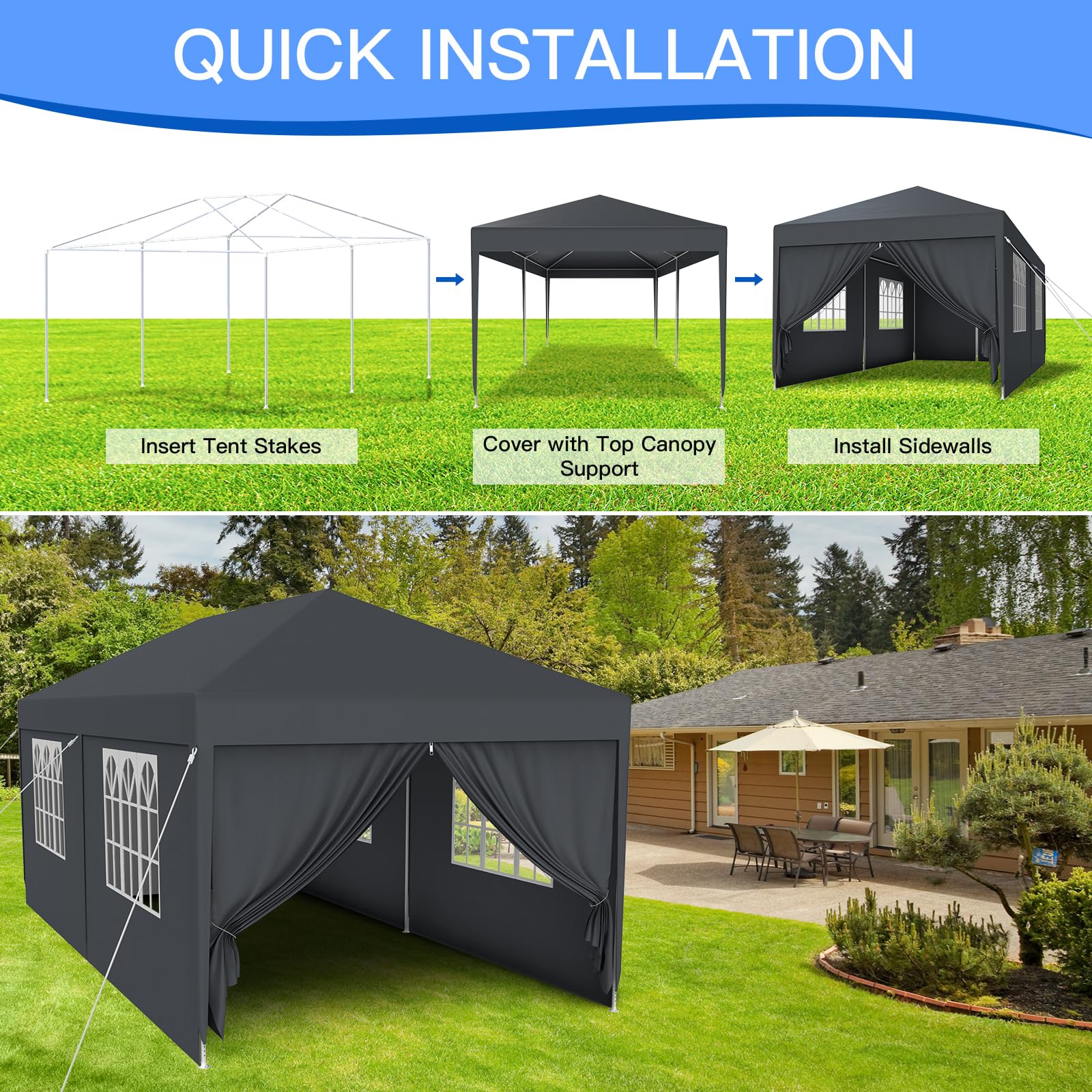 Kuro sagol Tonnelle de Jardin 3x3M,Tente Réception,Tente de Campingavec Fenêtres、Parois Latérales，Imperméable,Anti UV，Résistant au Vent Auvent,Barnum pour Camping Festival Plage,Anthracite