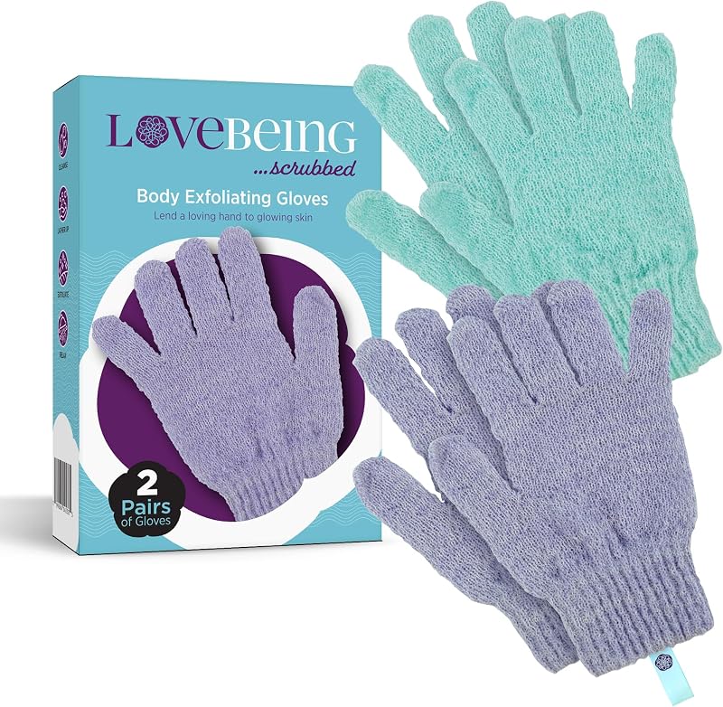 Luvas esfoliantes corporais LoveBeing para banho, 2 pares com 4 unidades em cores variadas