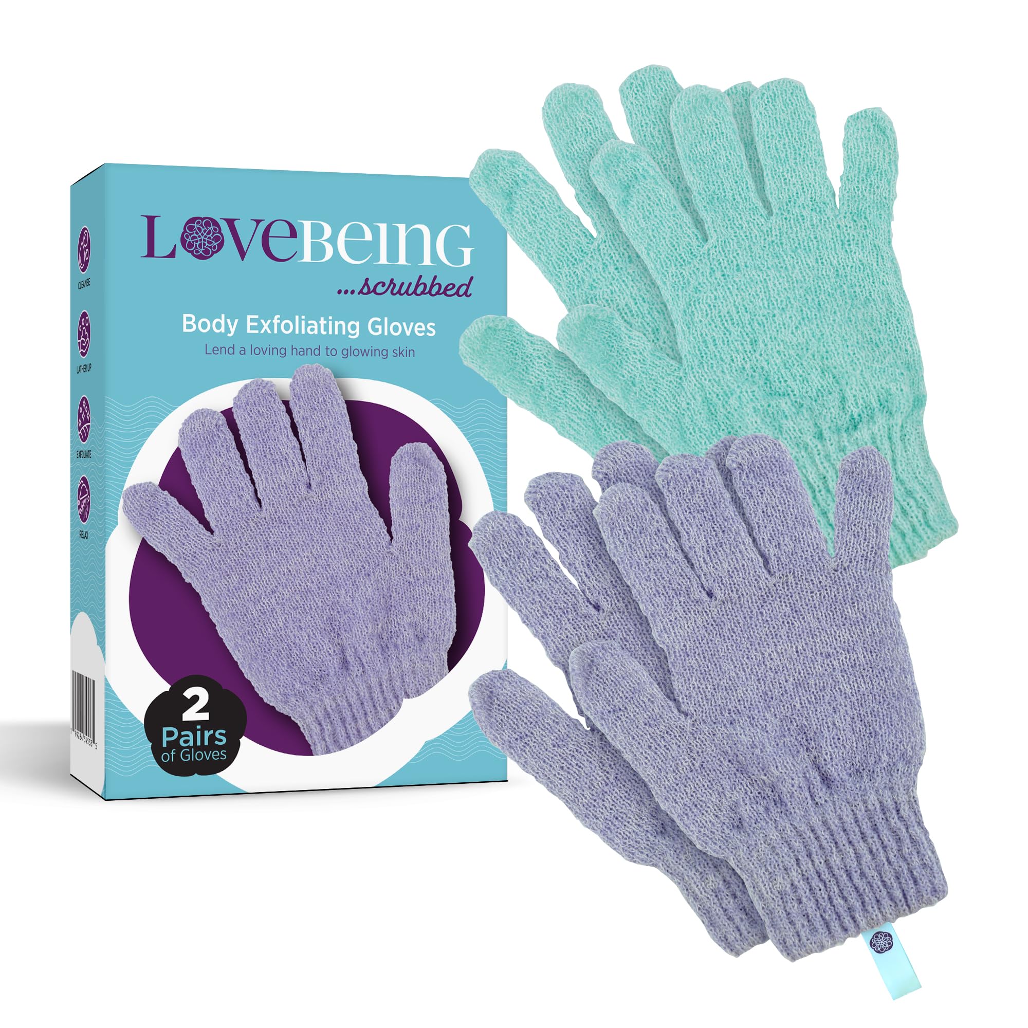 Love Being Scrubbed Body Exfoliating Gloves (2 Pair, 4 Count, Assorted Colors), Stretchy Exfoliating Body Scrubber for Bath & Shower, Body Exfoliator
