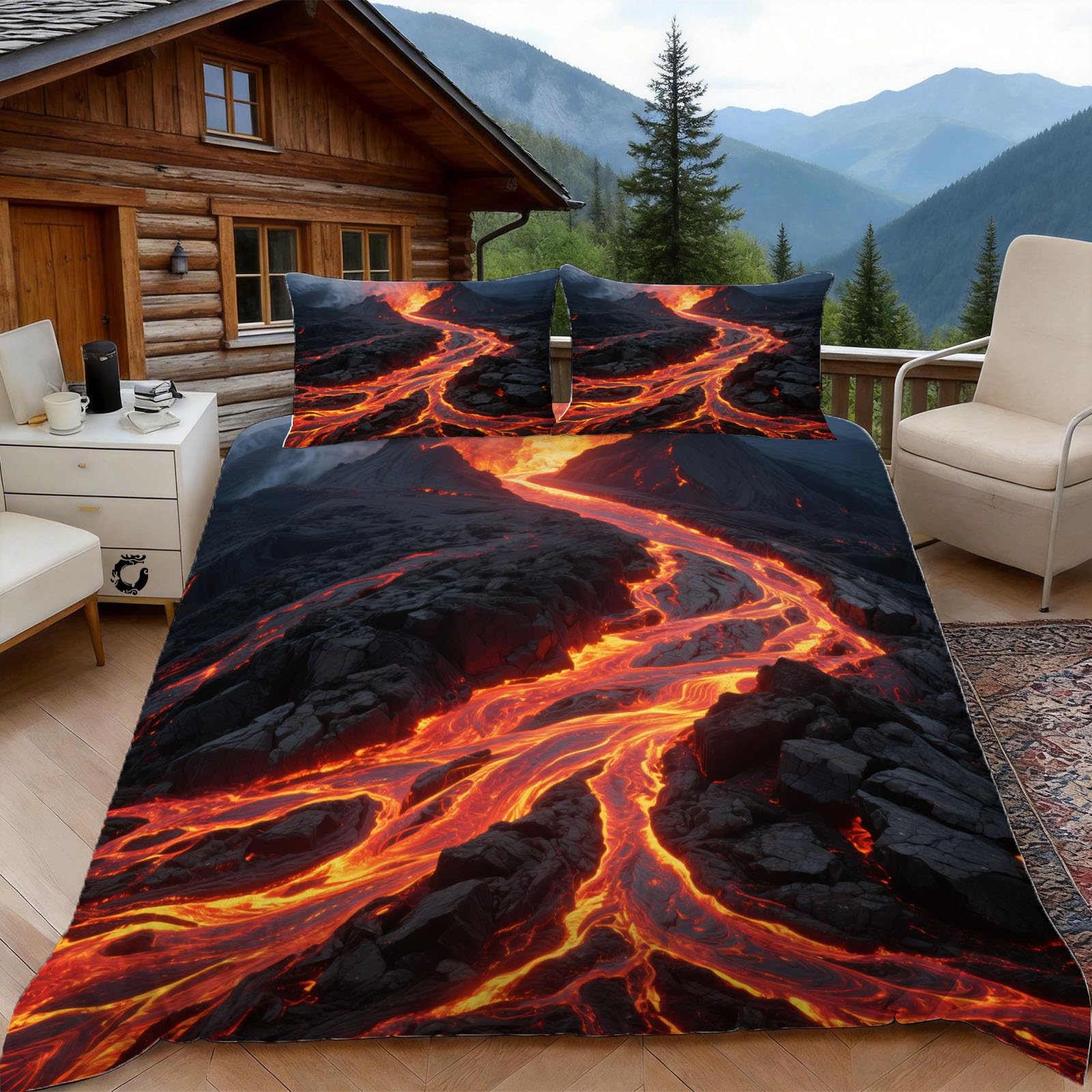 3D Double Duvet Set 3D Printed Magma Bedding, Volcano Eruption Soft Microfibre Duvet Cover Sets Quilt Cover and Pillow Set with Zipper 3 Pcs