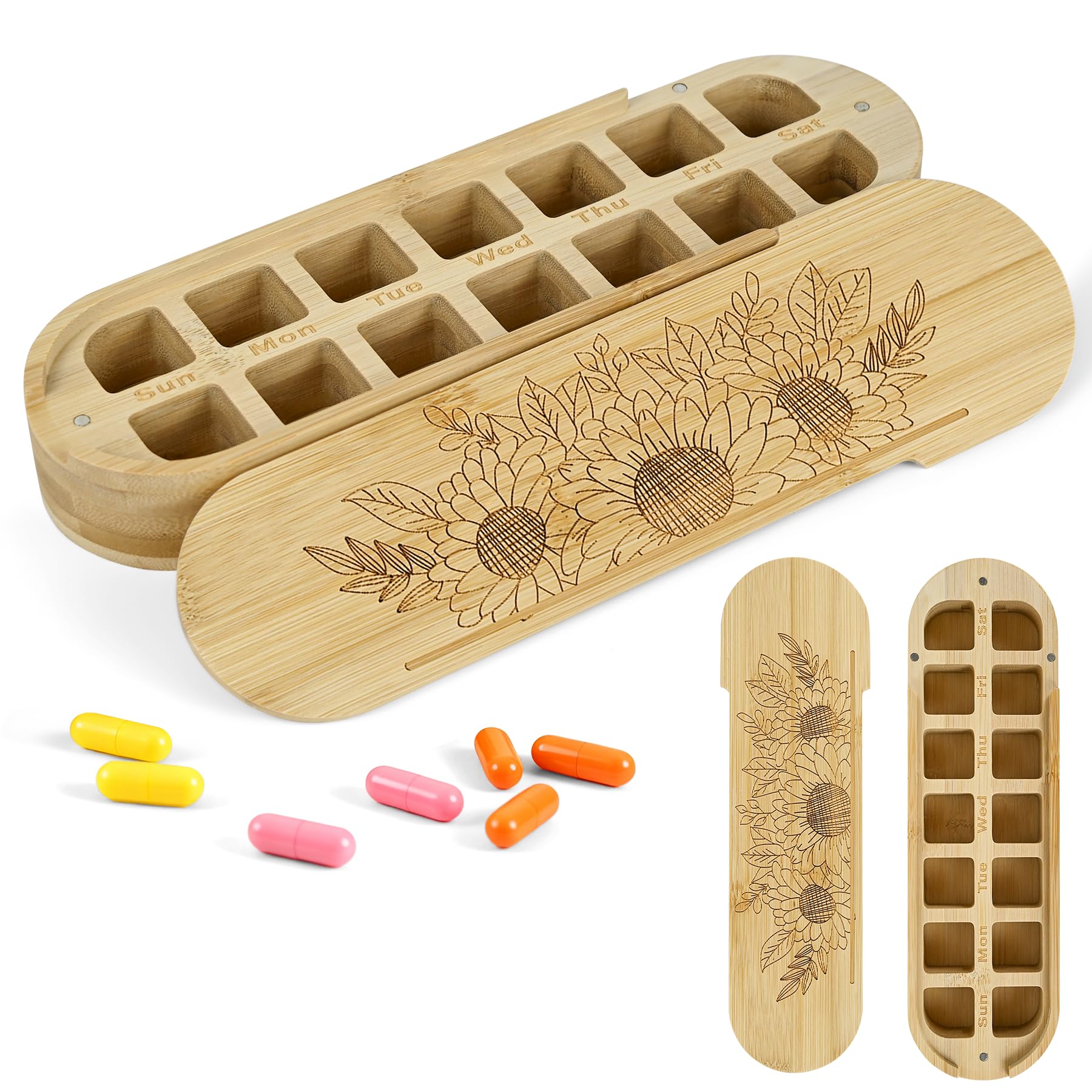 Photo 1 of 14 Compartment Pill Organizer - 7 Day Double Row Pill Case (2 per Day), Bamboo Wood Weekly Vitamin Dispenser with Magnetic Closure, Portable Travel Box for Supplements Fish Oil Pills (Capsule-Shaped)