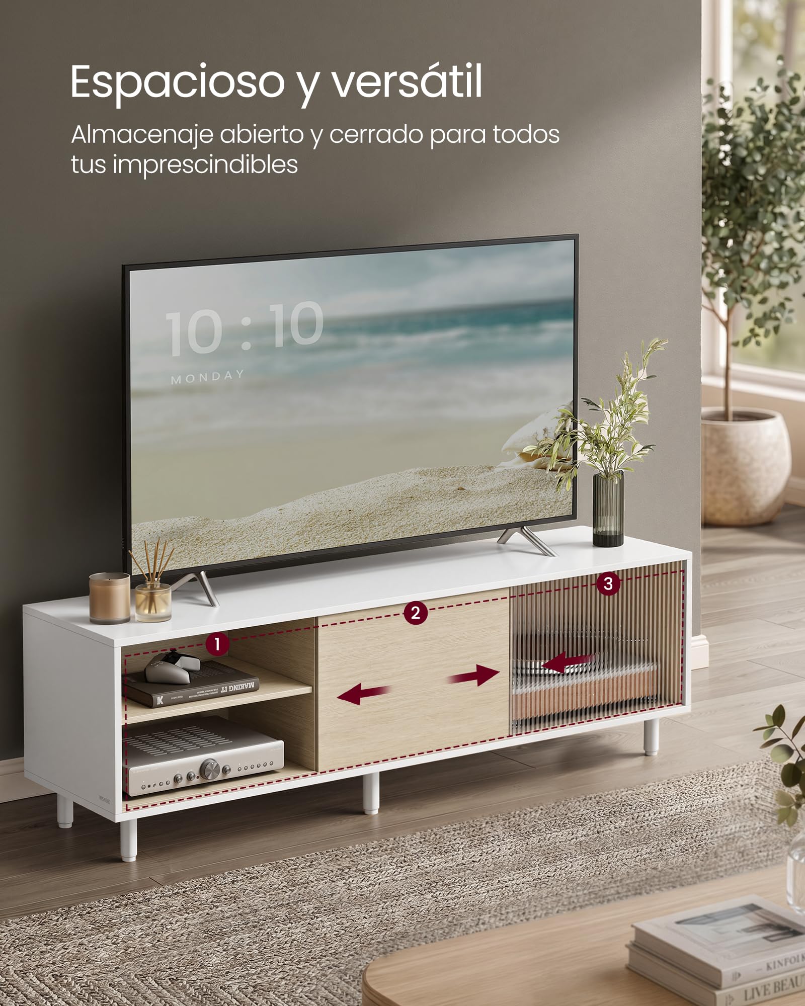 VASAGLE Mueble TV para Televisores de hasta 32/45/50/55/60 Pulgadas, Montaje Súper Rápido Sin Herramientas Toolless, para Salón, Vidrio Ranurado, Moderno, 140 x 39 x 45 cm, Blanco LTV466W01