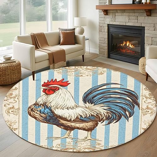 8ft Round Rug, Retro Rooster Non-Skid Rubber Backing Large Area Rugs - Living Room Bedroom Home Office, Striped Farmhouse Animals Watercolor Indoor
