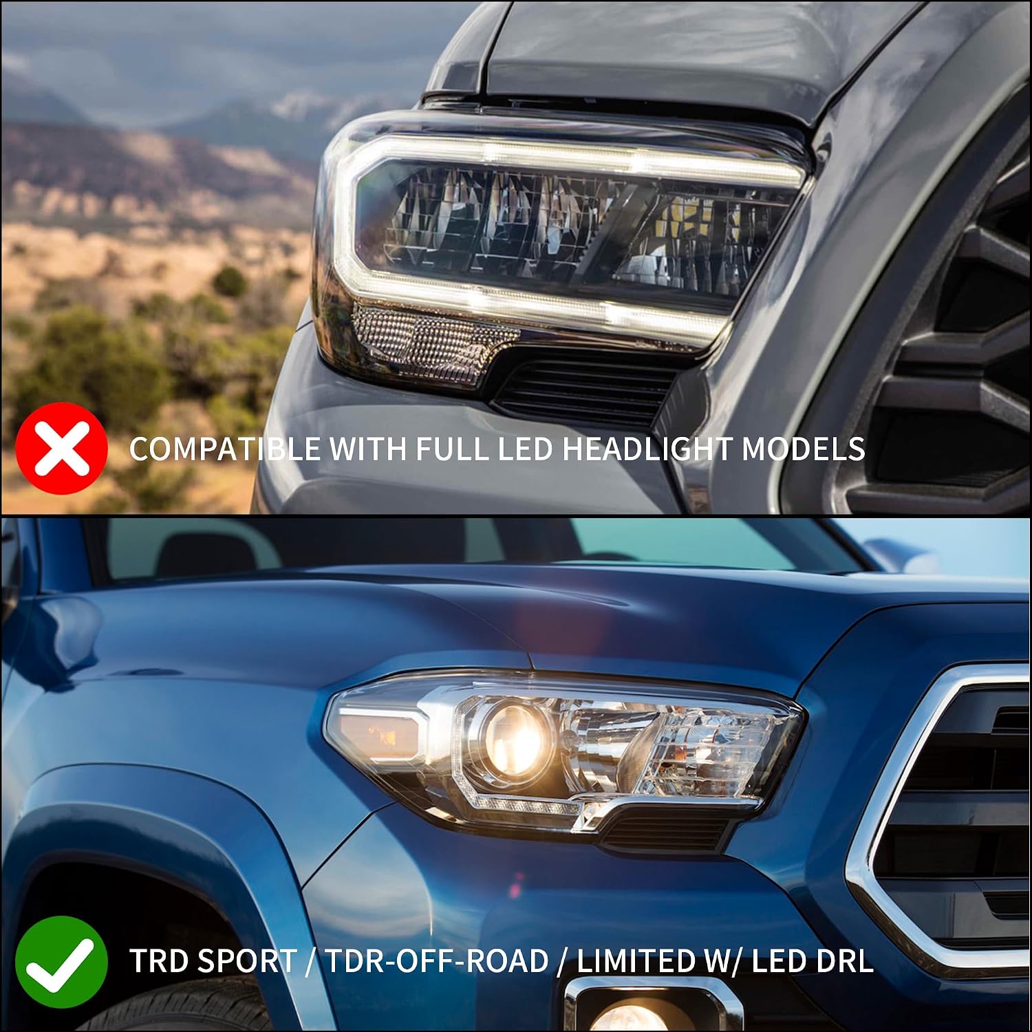 VLAND Reflective Bowl LED Headlights Compatible for [Toyota Tacoma 2016 2017 2018 2019 2020 2021 ] W/LED DRL, Hi/Low Beam Lens, Amber Side Marker Lights