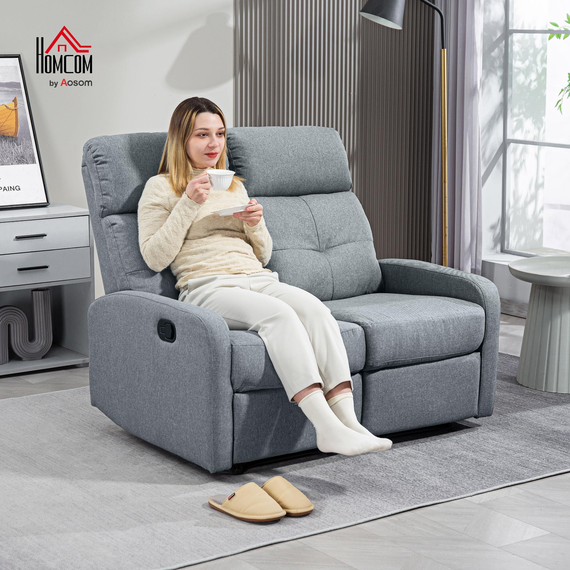 HOMCOM Sofá de 2 Plazas Reclinable Manual Sofá Relax 118x95x101 cm Gris | Tapizado en Lino,Respaldo Ajustable por Separado,Reposapiés,Muelles Ensacados,Acolchado Grueso,Dormitorio,Salón