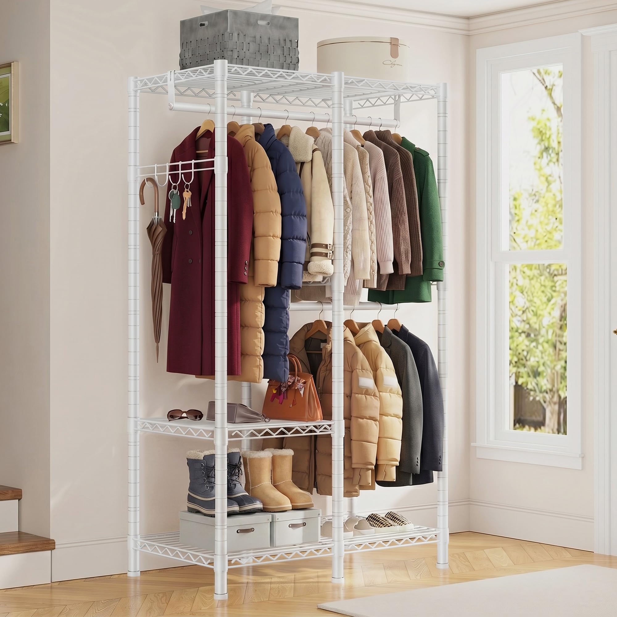 Portant à vêtements solide, Penderie Vêtement Dressing Chambre Adulte avec 3 étagères réglables en hauteur, 2 tringles à vêtements, 4 crochets, métal, 200 KG, 80x40x194,5 cm, pour entrée, Blanc
