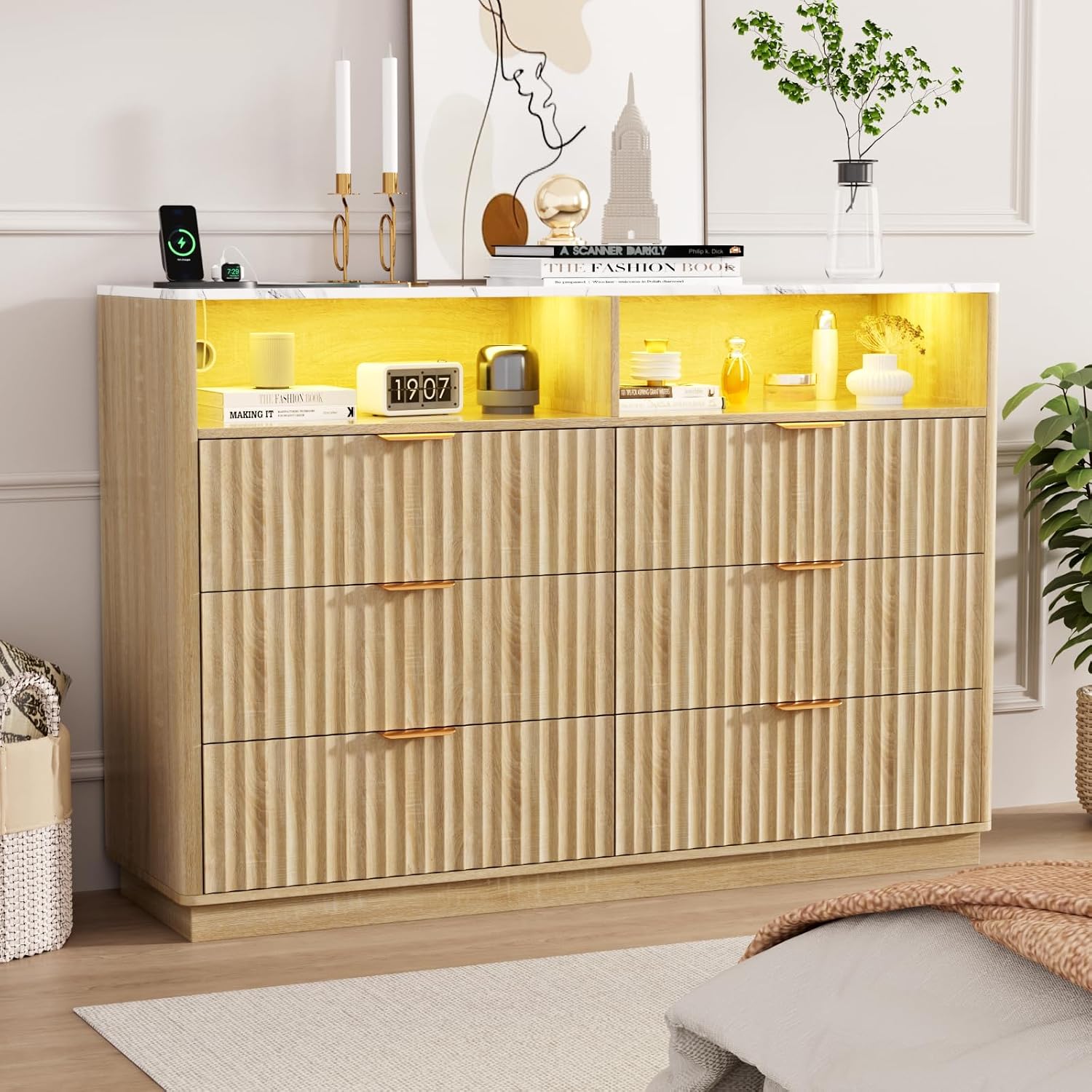 VOWNER Fluted 6 Drawers Dresser for Bedroom, 54" Wide RGB Multicolor Chest of Drawers with Charging Station, Dresser TV Stand with 2 Shelves Storage, Drawer Organizer for Living Room/Hallway, Oak
