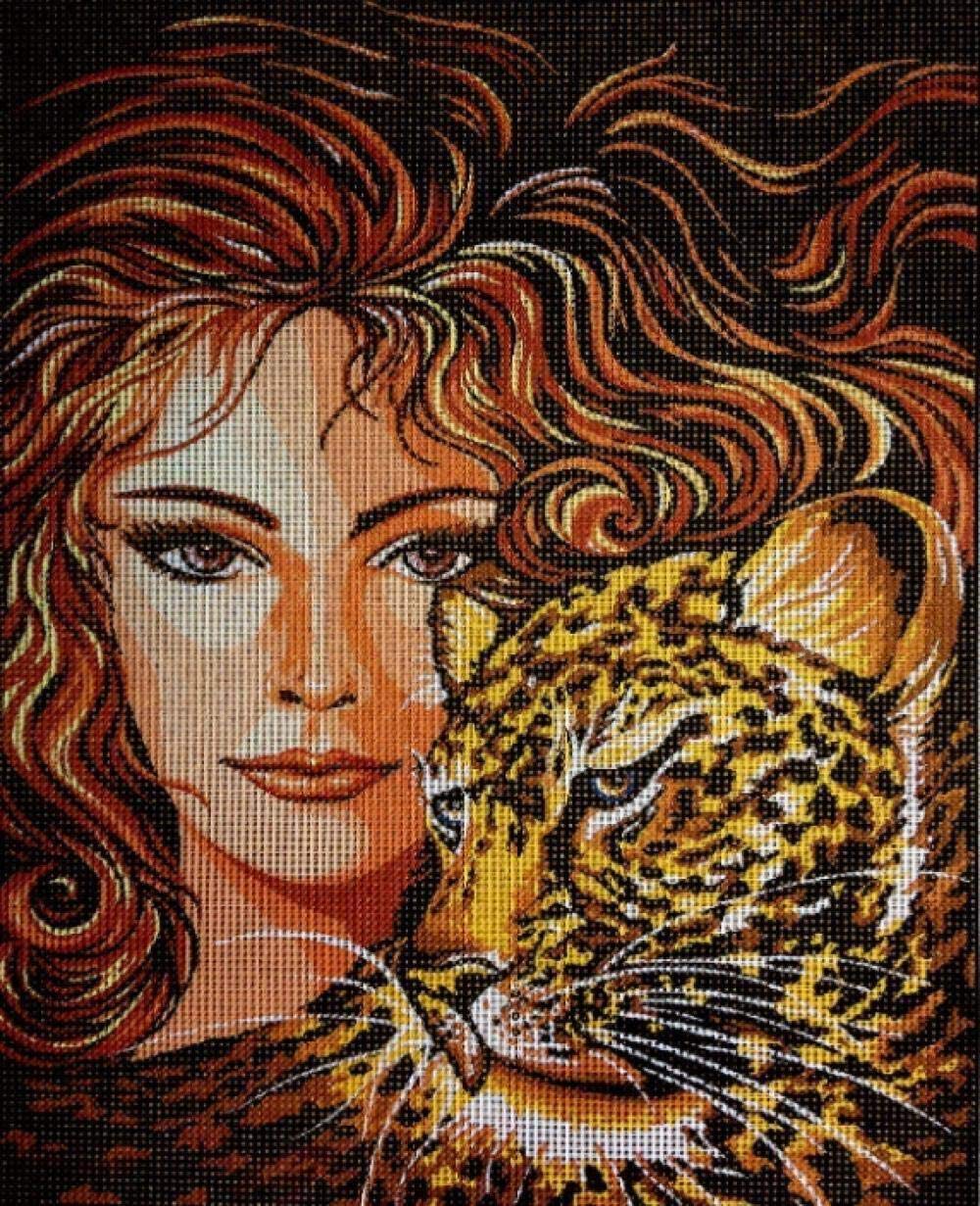 Kit broderie point de croix tapisserie fable femme léopard 23X30cm