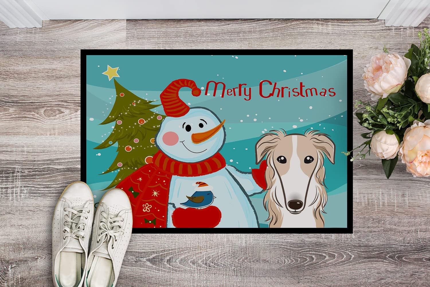Caroline's Treasures BB1848MAT Snowman with Borzoi Doormat 18x27 Front Door Mat Indoor Outdoor Rugs for Entryway, Non Slip Washable Low Pile, 18H X 27W