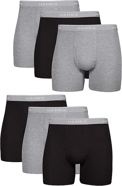 Hanes Men's Boxer Soft Breathable Cotton ComfortFlex Waistband, Multipack Brief Underwear, 6 Pack - Black/Gray, Large