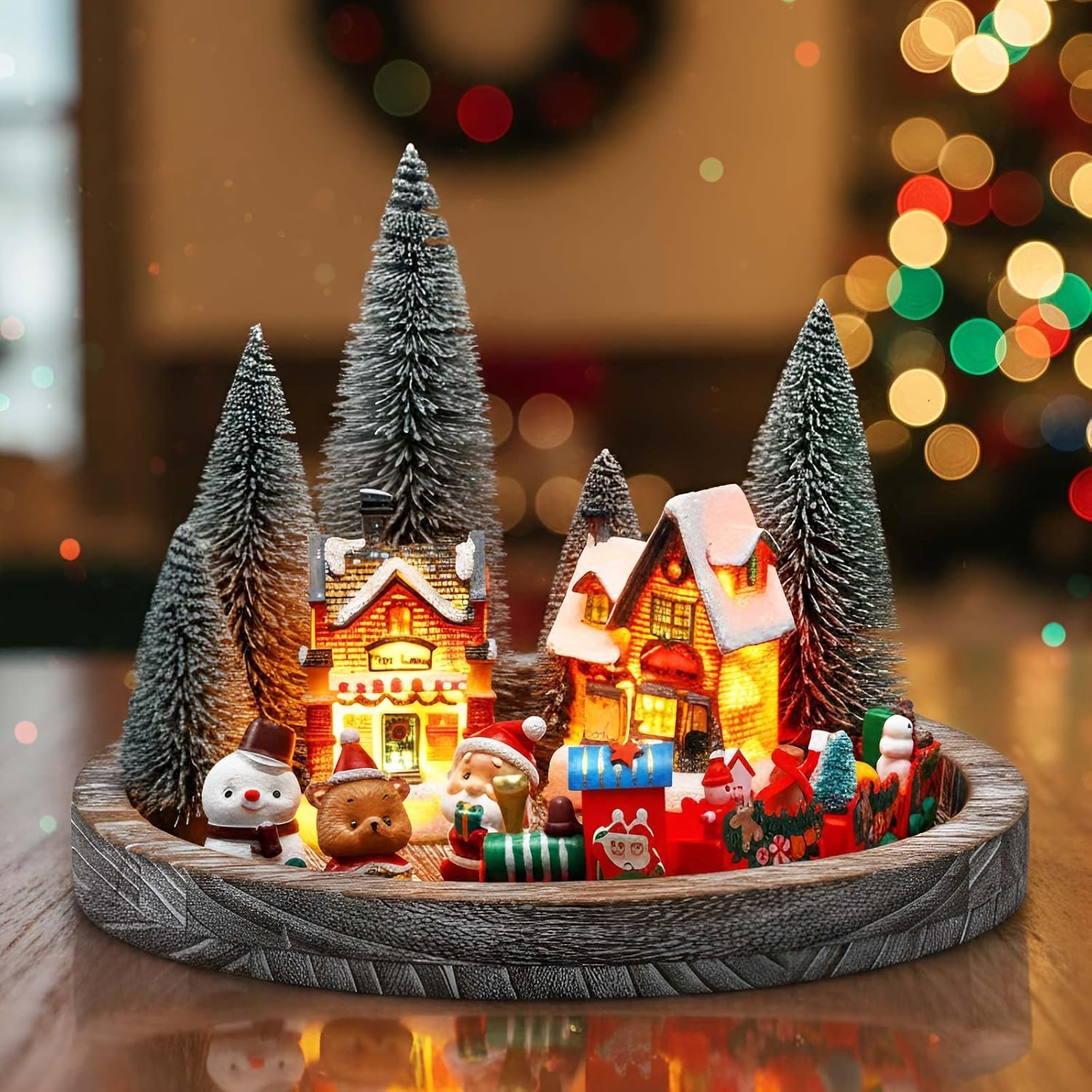 Zubebe 13 Pcs Christmas Village Decoration with Spinning Train Round Wood Tray House Ornaments Santa Trees Snowman DIY Holiday Nostalgic Centerpieces for Home