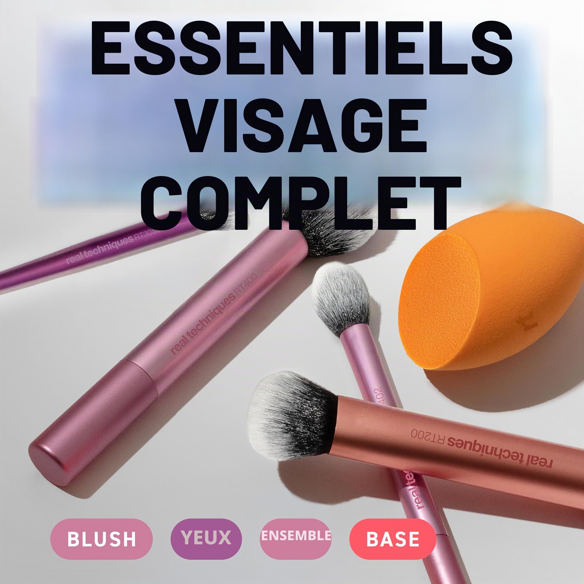 Real Techniques Kit Everyday Essentials, 6 pièces, 4 pinceaux maquillage + 2 éponges teint, application fond de teint, fard à joues, estompage précis, finition naturelle