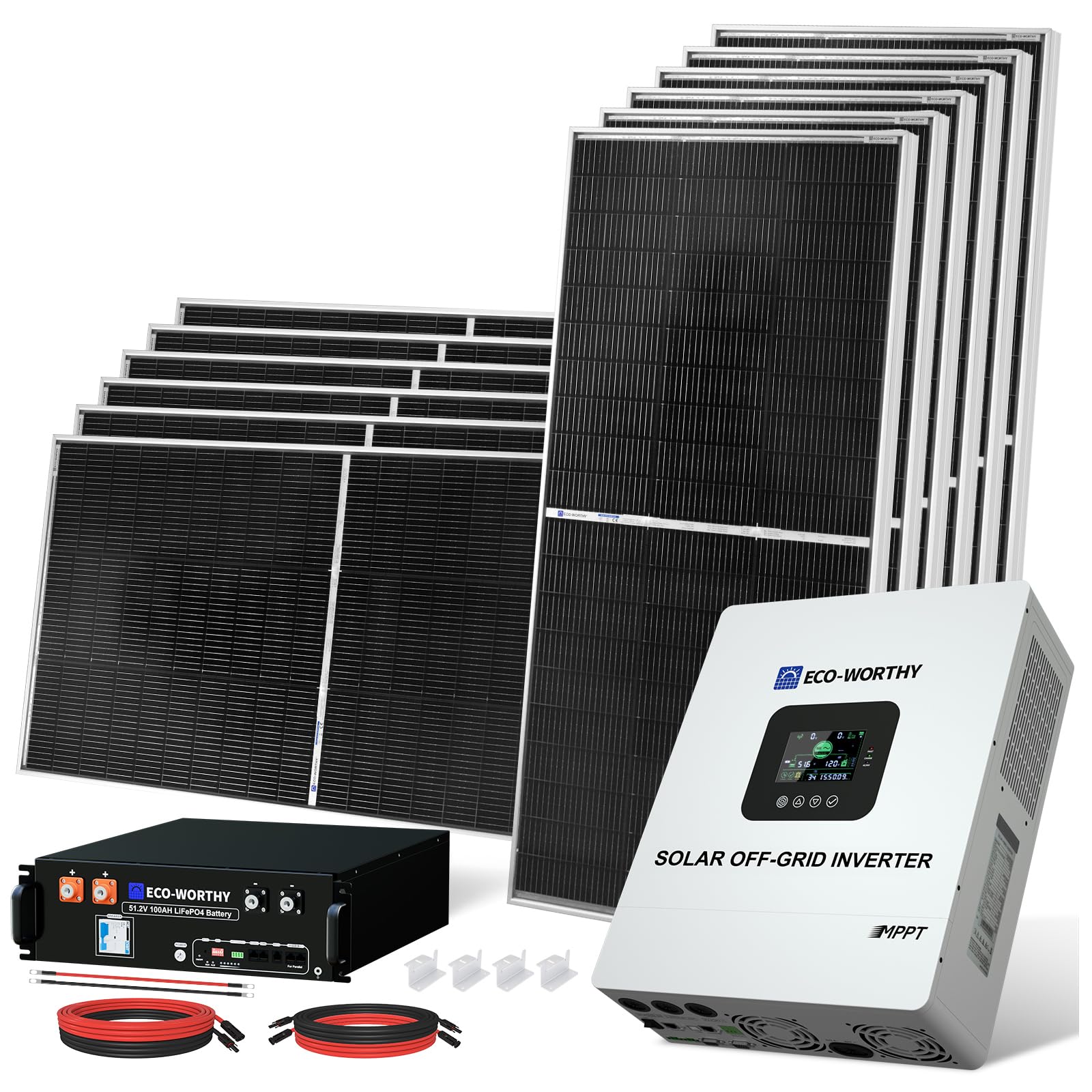 ECO-WORTHY 5KW Off Grid Solar System Complete Kit 12PCS 195W Mono Solar Panel (2340W) +1 * 48V 5KW Off-Grid Inverter + 1 * 51.2V 100Ah Server Rack Whole House Storage LiFePO4 Lithium Battery