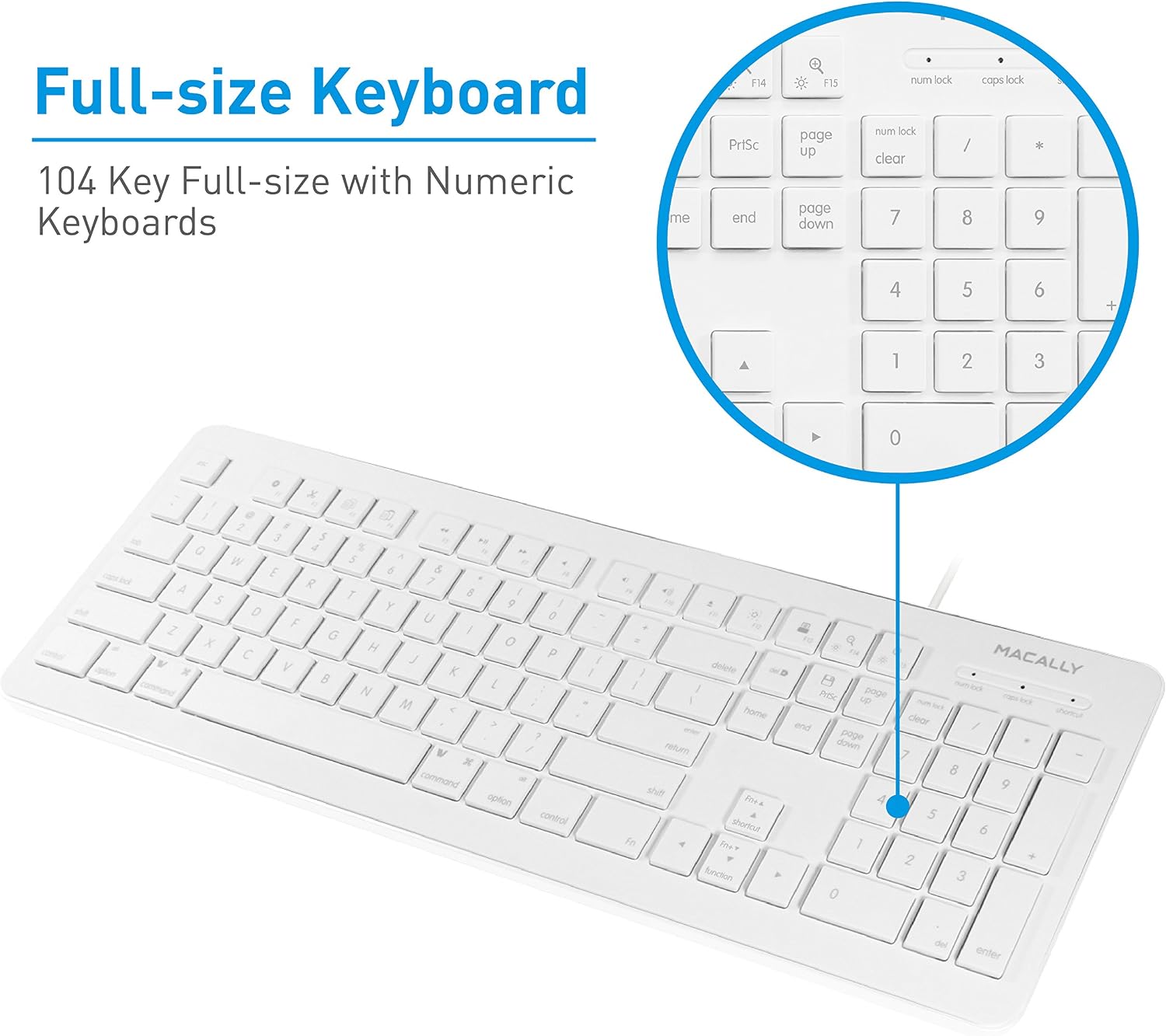 Macally Full Size USB Wired Computer Keyboard with 2-Port USB Hub - Perfect for your Mouse - & 15 Apple Shortcut Keys for for Mac and Windows PC (MKEYXU2),Apple White