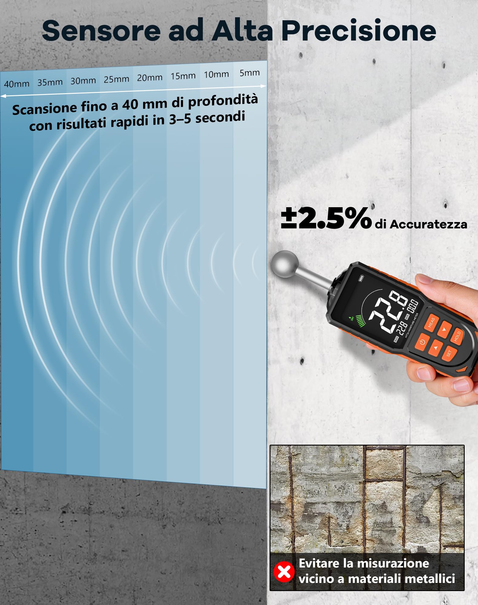 Misuratore di Umidità con Sonda Sferica, Igrometro Non Distruttivo con Display LCD Retroilluminato e Allarme, Ricaricabile USB, Profondità 5-40 mm, per Legno, Pareti e Calcestruzzo