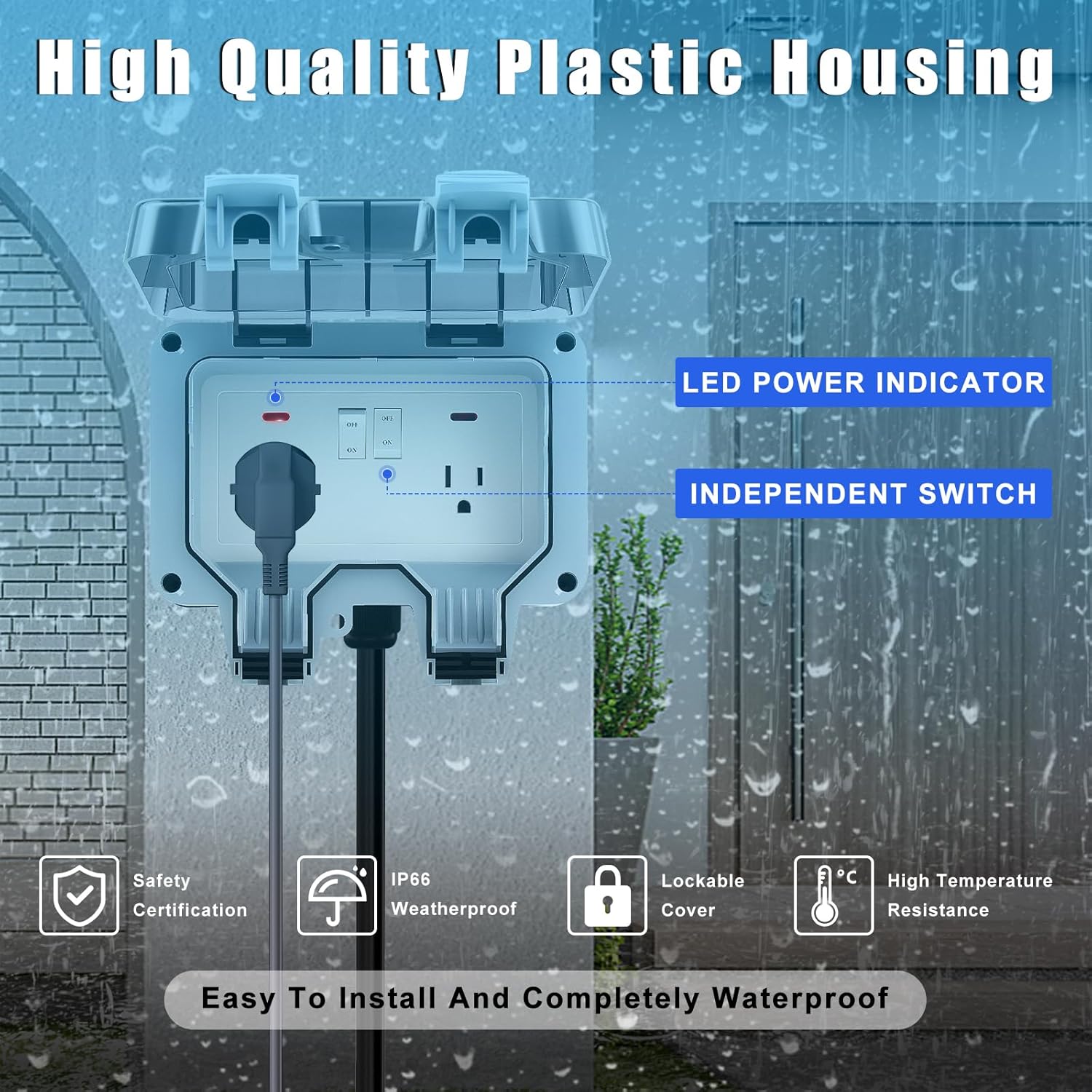 Zhushan Outdoor Power Outlet Box with 32.8FT Extension Cord, NEMA 5-15R, IP66 Waterproof, Lockable Cover, LED Indicator & On/Off Switch - Double Plug Socket for Garden, Yard, Patio, Sports Fields