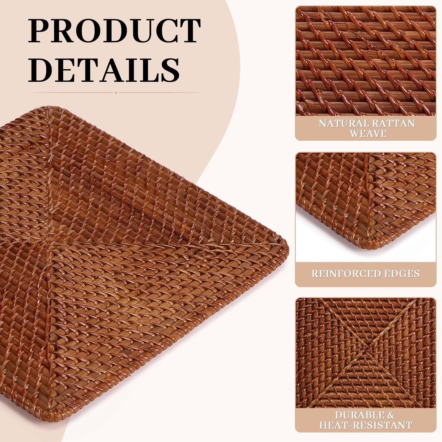 Square Rattan Charger Plates 13 Inch Dinner Placemats, Brown
