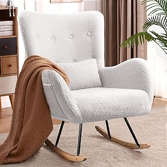 Waleaf Teddy Upholstered Rocking Chair, Indoor Glider with High Backrest, Padded Seat Nursing Chair for Bedroom (Ivory)