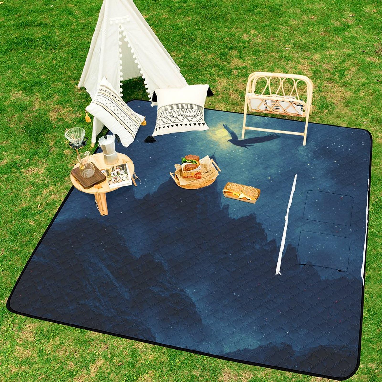 Nadruk 3D, noc, koc piknikowy, duży koc piknikowy, składany, wodoodporny, bardzo duży koc piknikowy dla rodziny, na plażę, wędrówki, kemping, 200 x 200 cm
