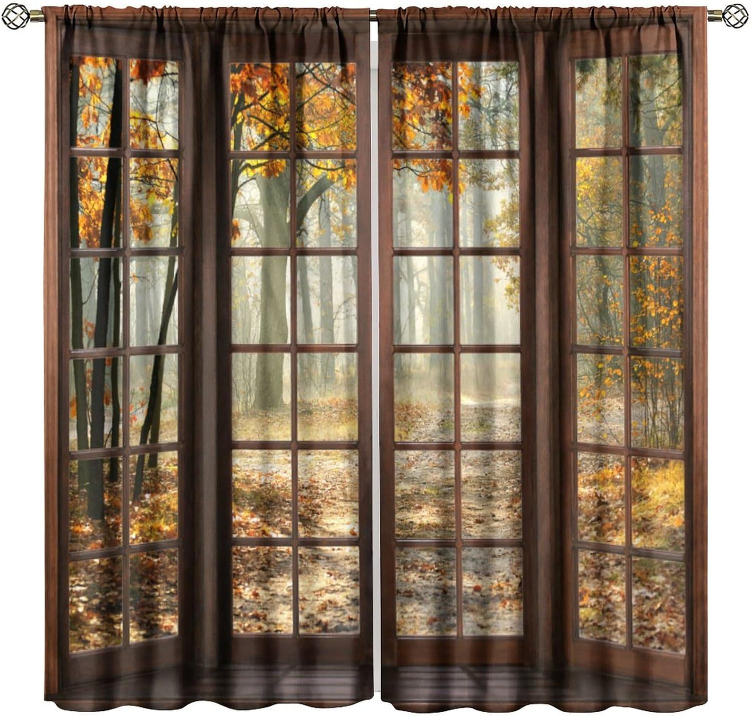 Fall Blackout Curtains,Autumn Forest Tree Yellow Fallen Leaves Scenery Outside Wooden Window Pattern Drapes Window 2 Panel Rod Pocket Curtain for Bedroom Living Room Decor 84" W X 84" L