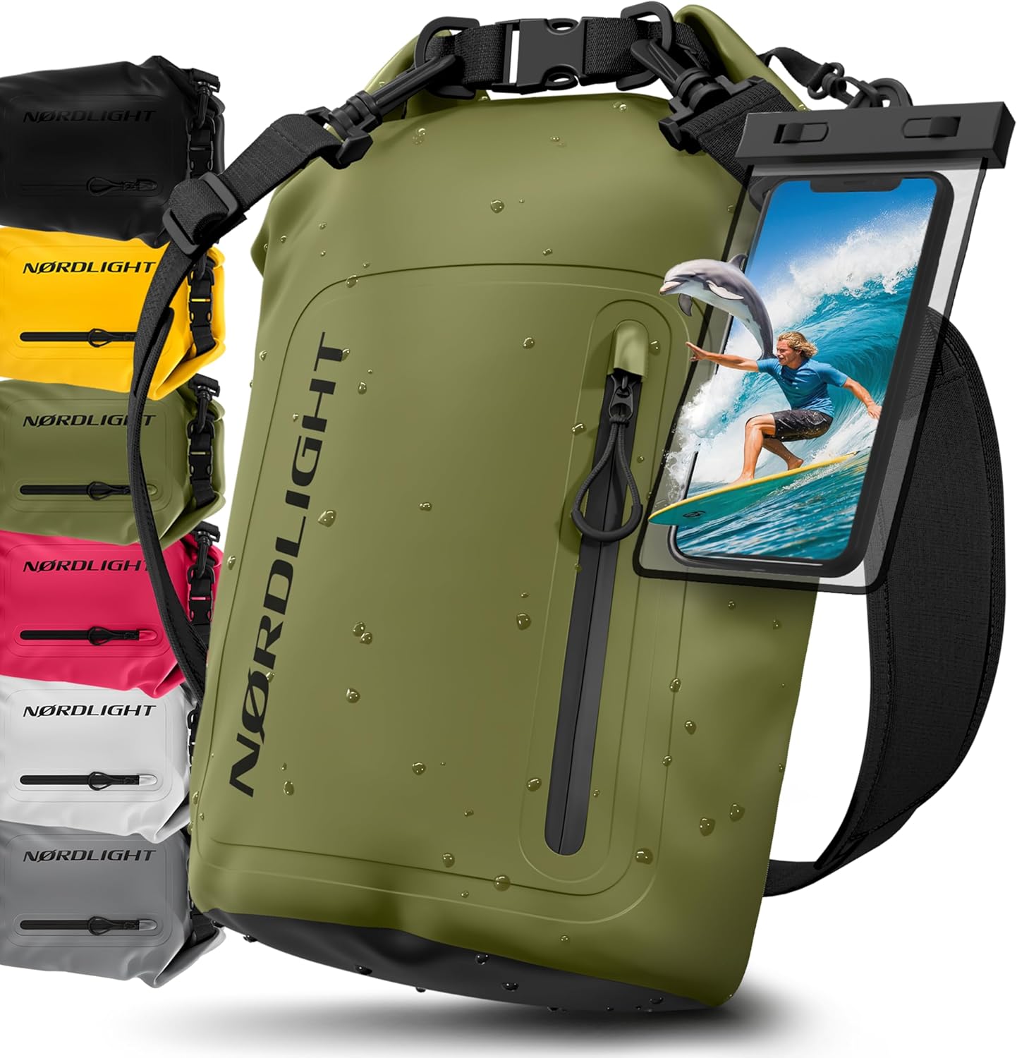 Nordlight Dry Bag Sac Étanche avec Pochette Étanche Téléphone, Fermeture Roll-Top, Bandoulière | Sac à Dos étanche Nautique, Sac Impermeable Etanche | Natation Plage Sup – Vert Olive (Opaque), 20 L
