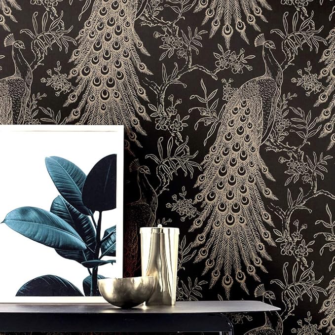 Amazon 輸入 壁紙 クロス Rasch ラッシュ 孔雀 ラグジュアリー クジャク シノワズリ 和風 ブラック ゴールド 壁紙