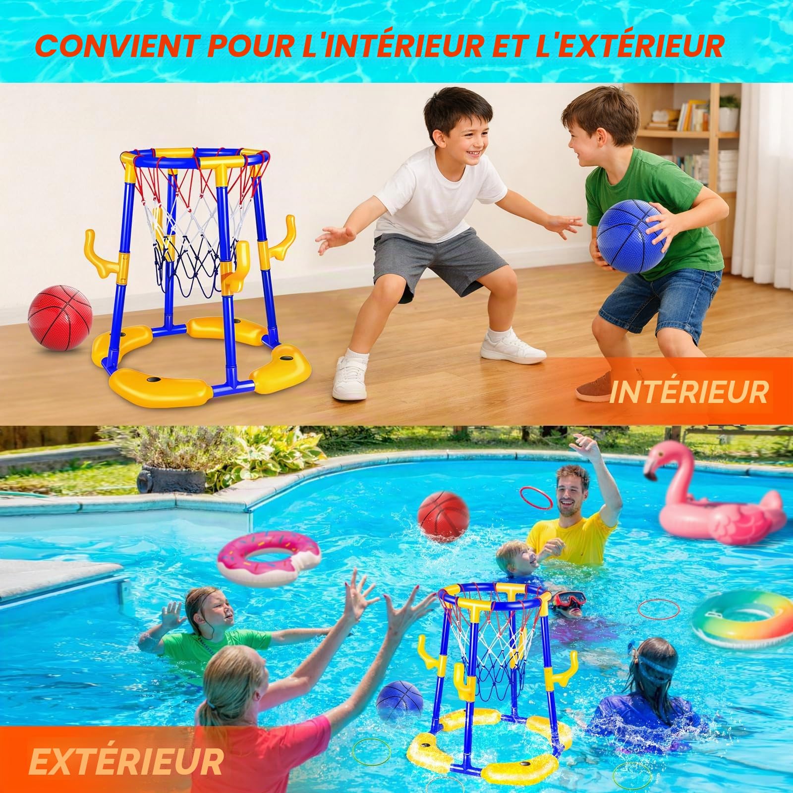 Ensemble de panier de basketball pour piscine_Panier de basketball flottant pour piscine avec 4 ballons d'eau, pompe et anneaux, jouet de piscine 2-en-1 pour adultes, adolescents et enfants