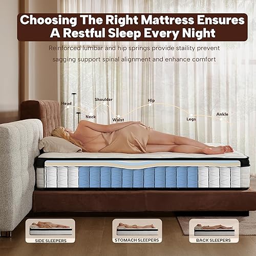 Miniatura 4 de Colchón híbrido King de 12 pulgadas en una caja, firmeza media con espuma viscoelástica y resortes en bolsillo, soporte de borde fuerte, alivio de